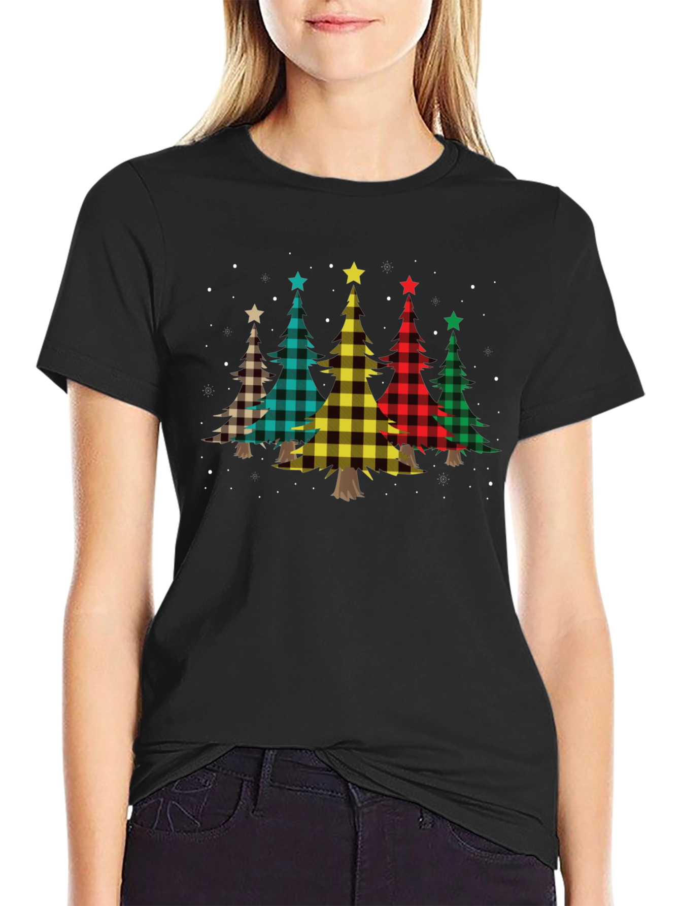 Black Plaid Christmas Trees Black T-Shirt view 2