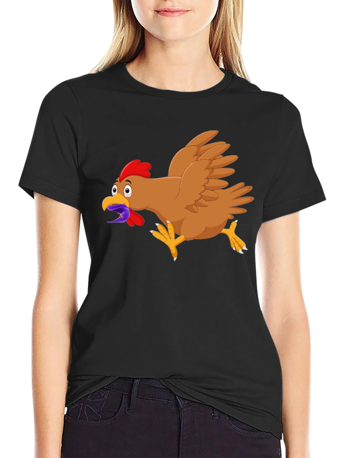 Black Funny Chicken Worm Cartoon Black T-Shirt view 2