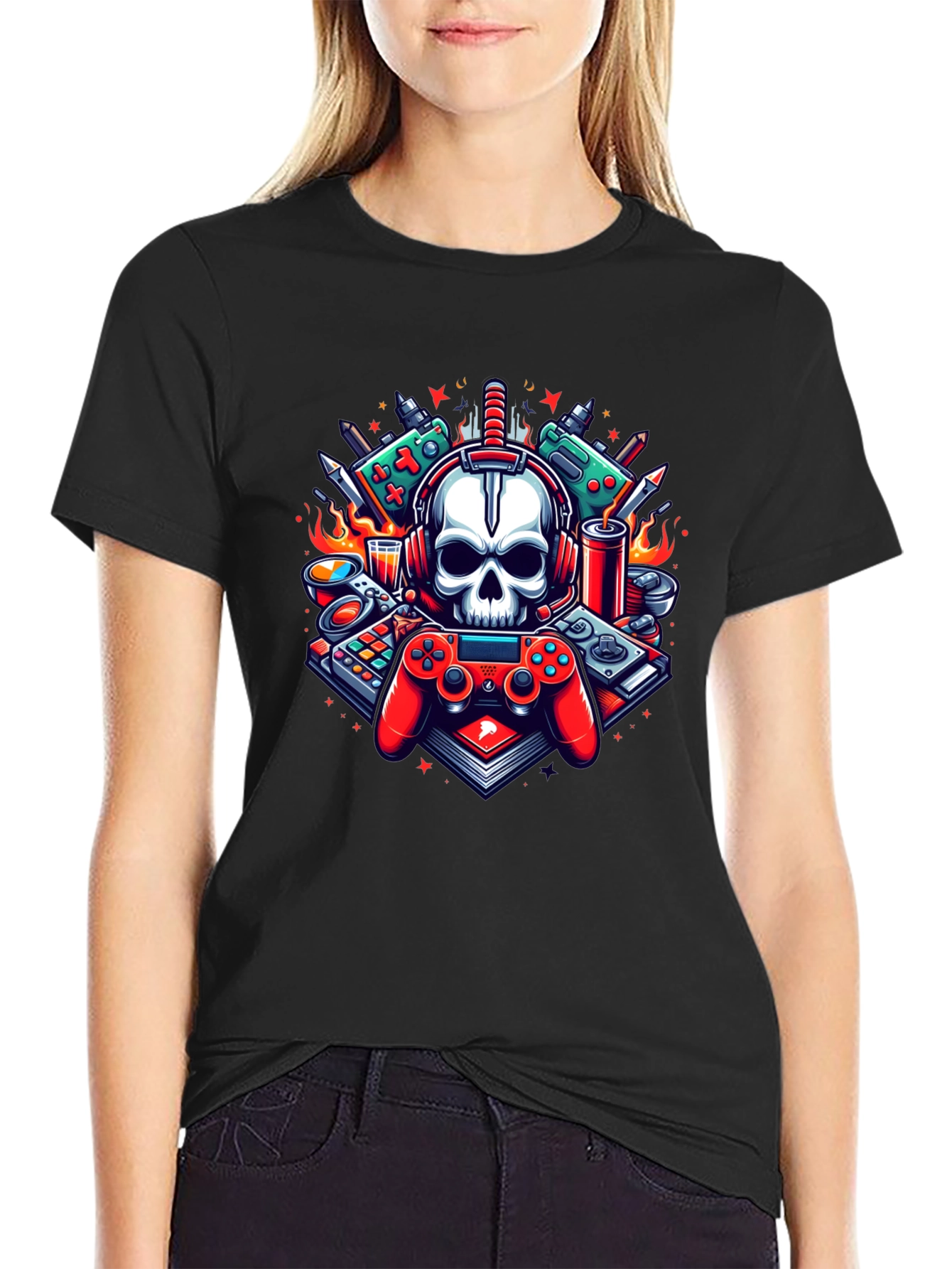 Black Gamer Skull Graphic T-Shirt - Cool Design! view 2