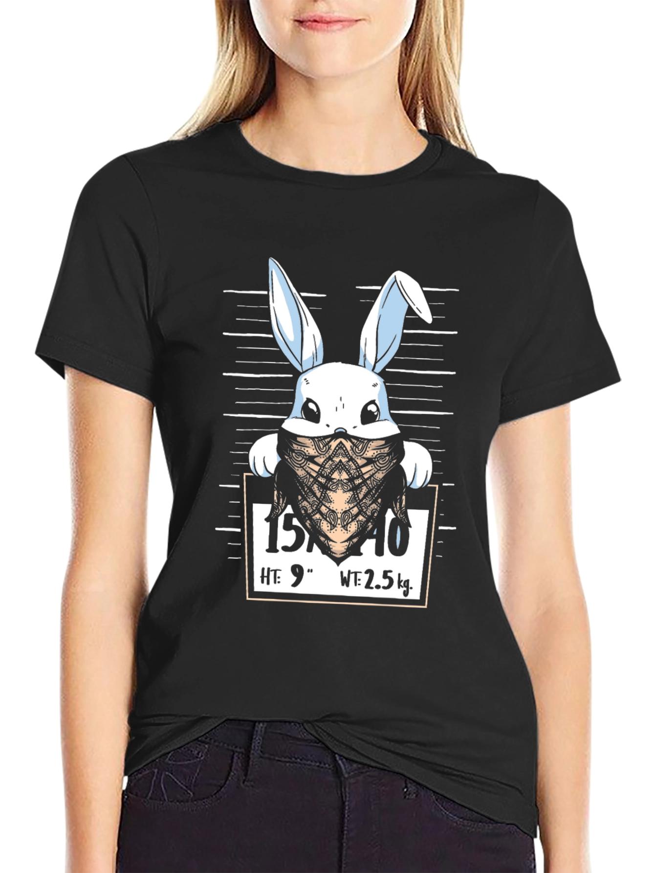 Black Funny Bunny Mugshot Black Graphic T-Shirt view 2