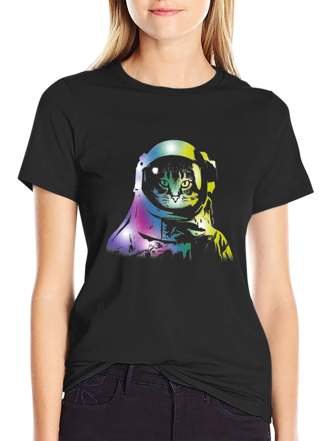 Black Astronaut Cat Black T-Shirt, Space Lover Tee view 2