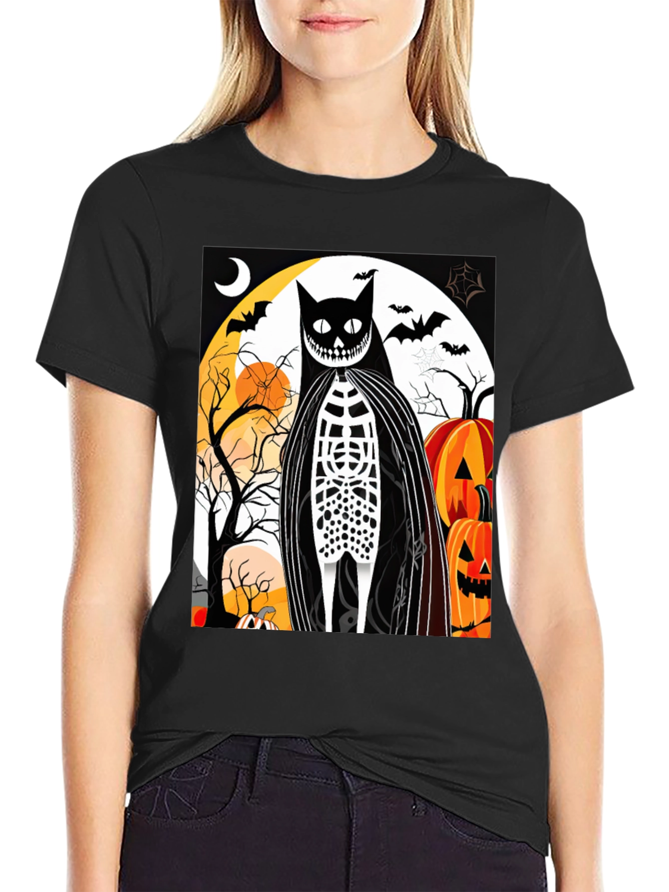 Black Halloween Cat Skeleton Graphic T-Shirt view 2