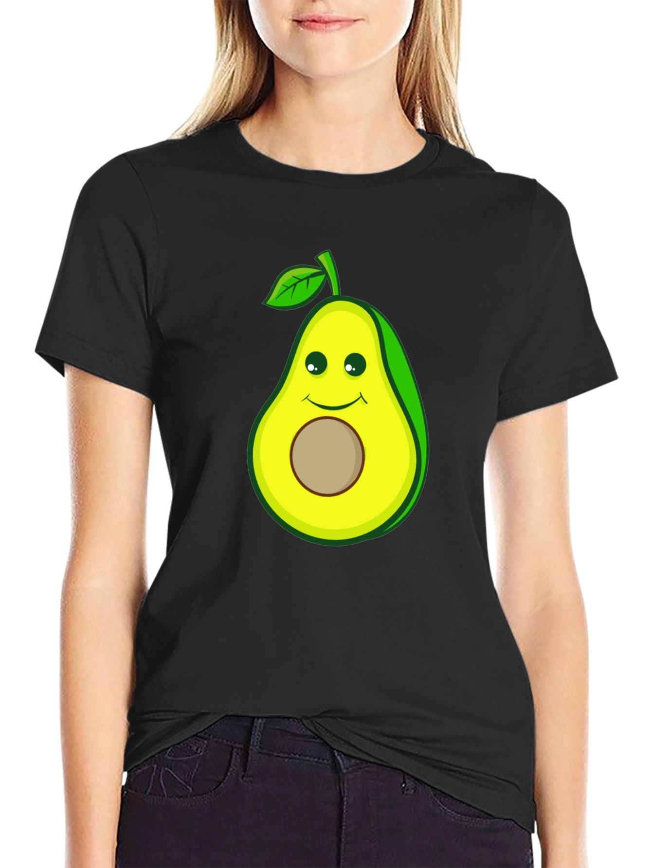 Black Funny Avocado Cartoon Graphic Tee - Black Cotton T-Shirt view 2