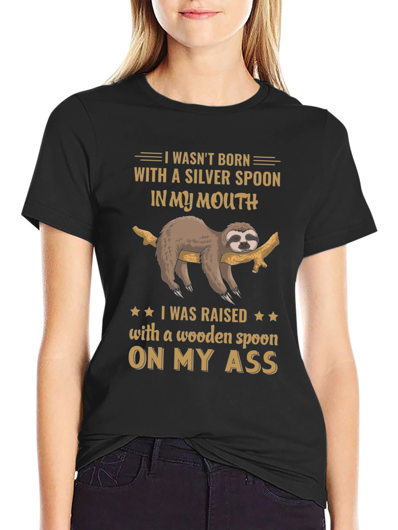 Black Funny Sloth T-Shirt - Wooden Spoon On My Ass view 2