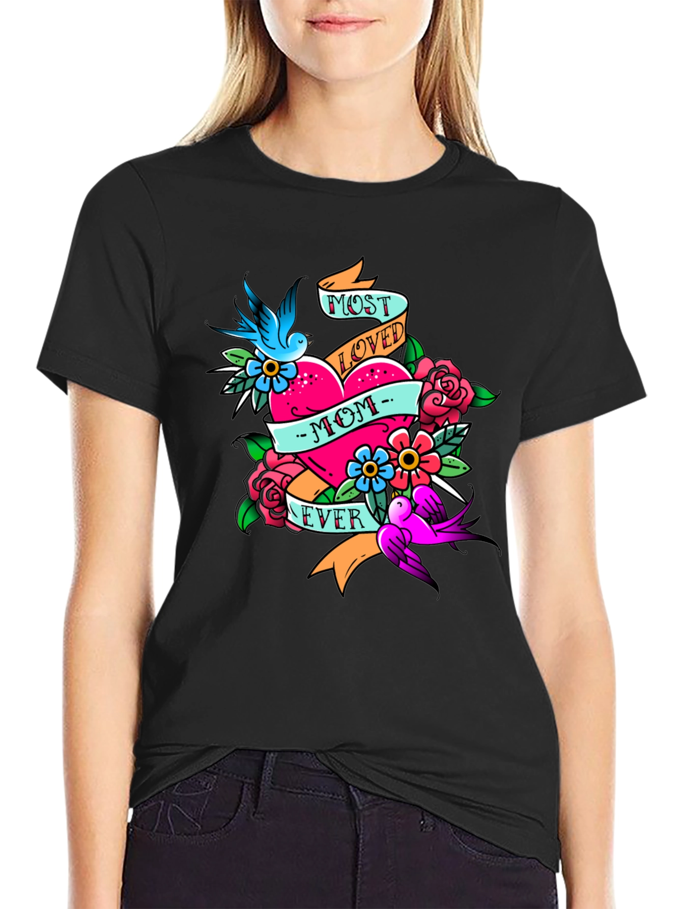 Black Most Loved Mom Ever Tattoo Style Graphic T-Shirt view 2