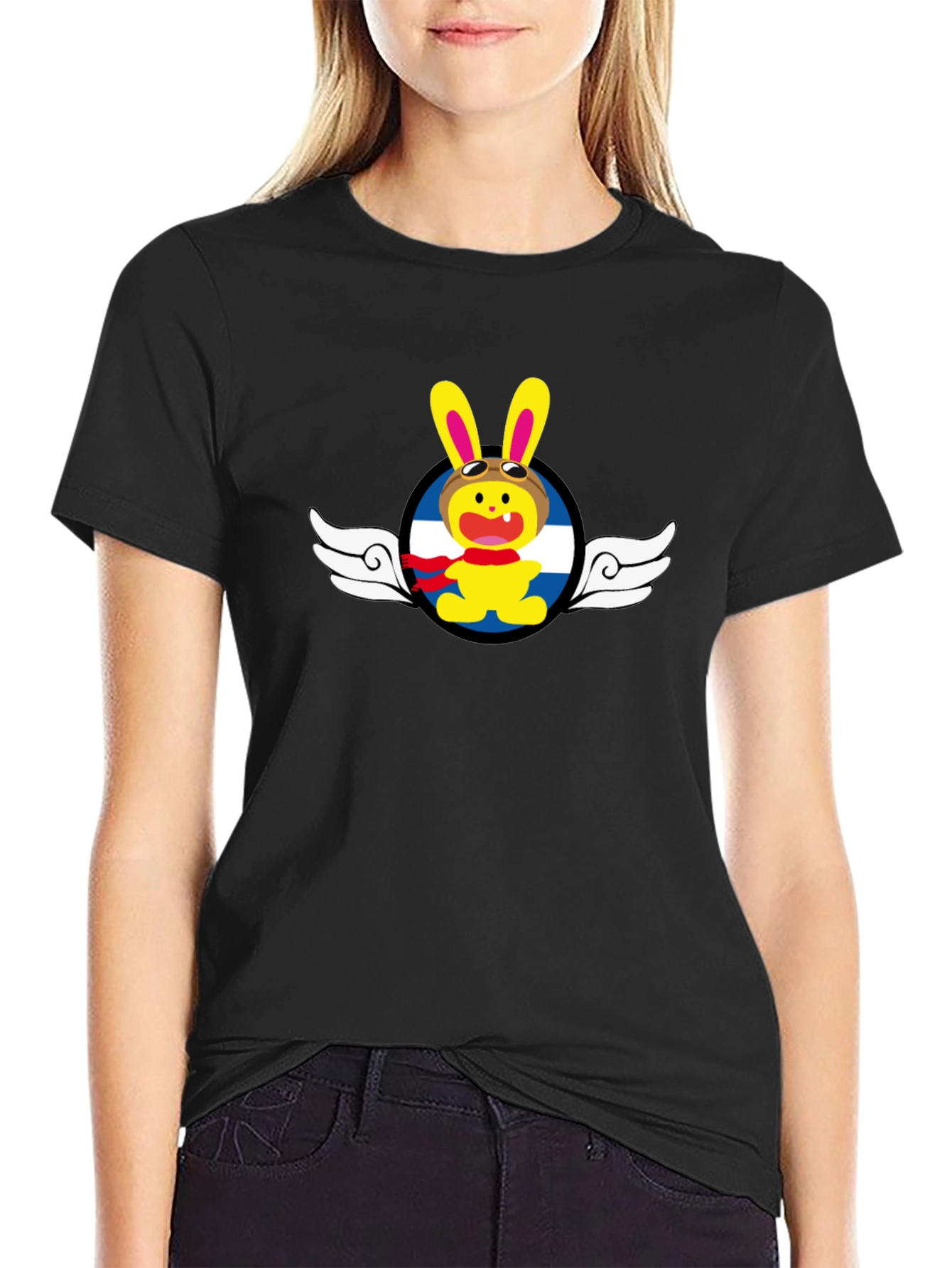 Black Cartoon Aviator Rabbit Graphic T-Shirt view 2