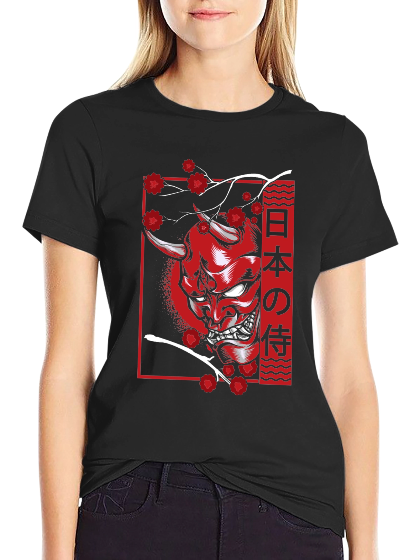 Black Japanese Oni Mask T-Shirt - Samurai Demon view 2