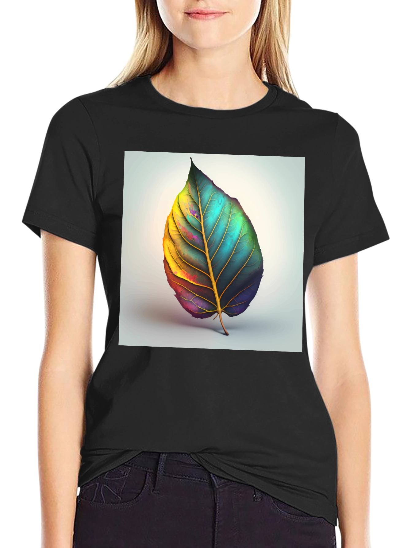 Artistic Leaf Graphic Tee - Black Cotton Blend - 2