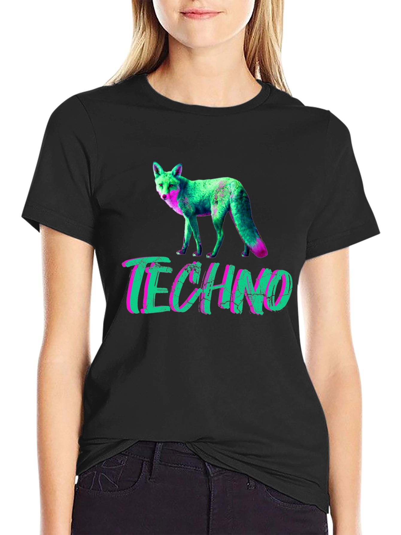 Black Techno Fox Graphic T-Shirt - Neon Style view 2