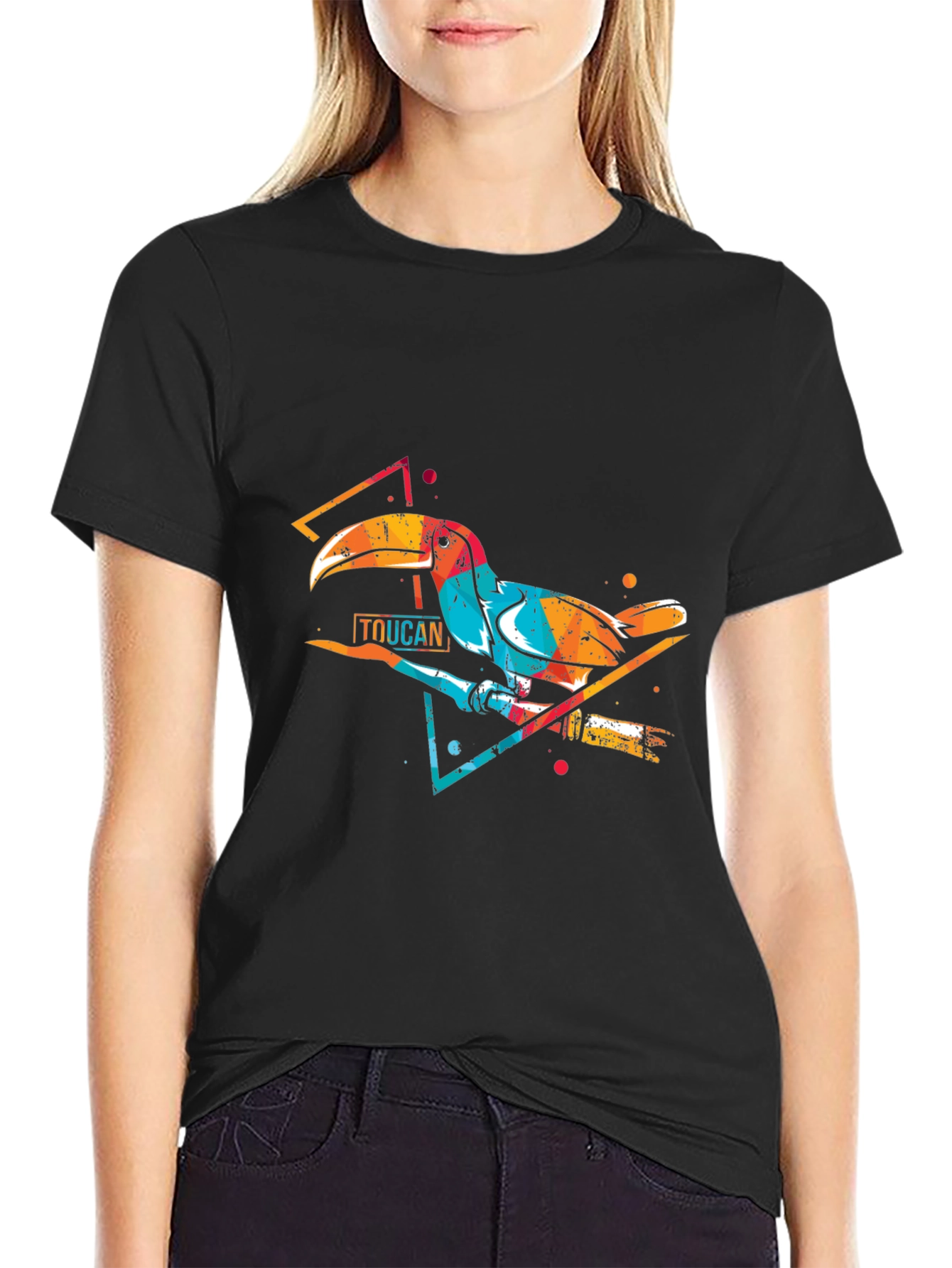 Black Vibrant Toucan Graphic Print Crew Neck T-Shirt view 2