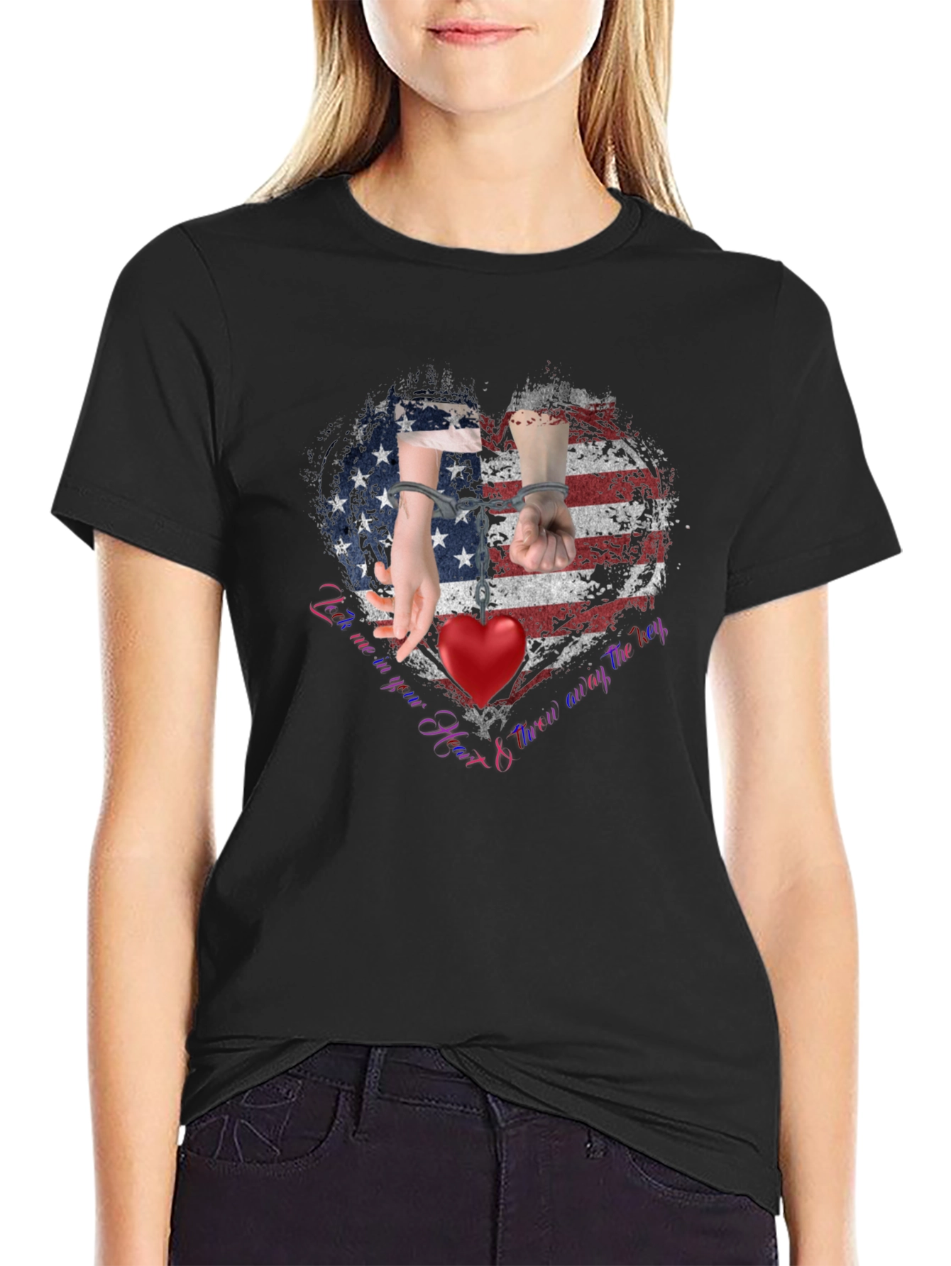 Black American Heart Handcuff Graphic T-Shirt view 2
