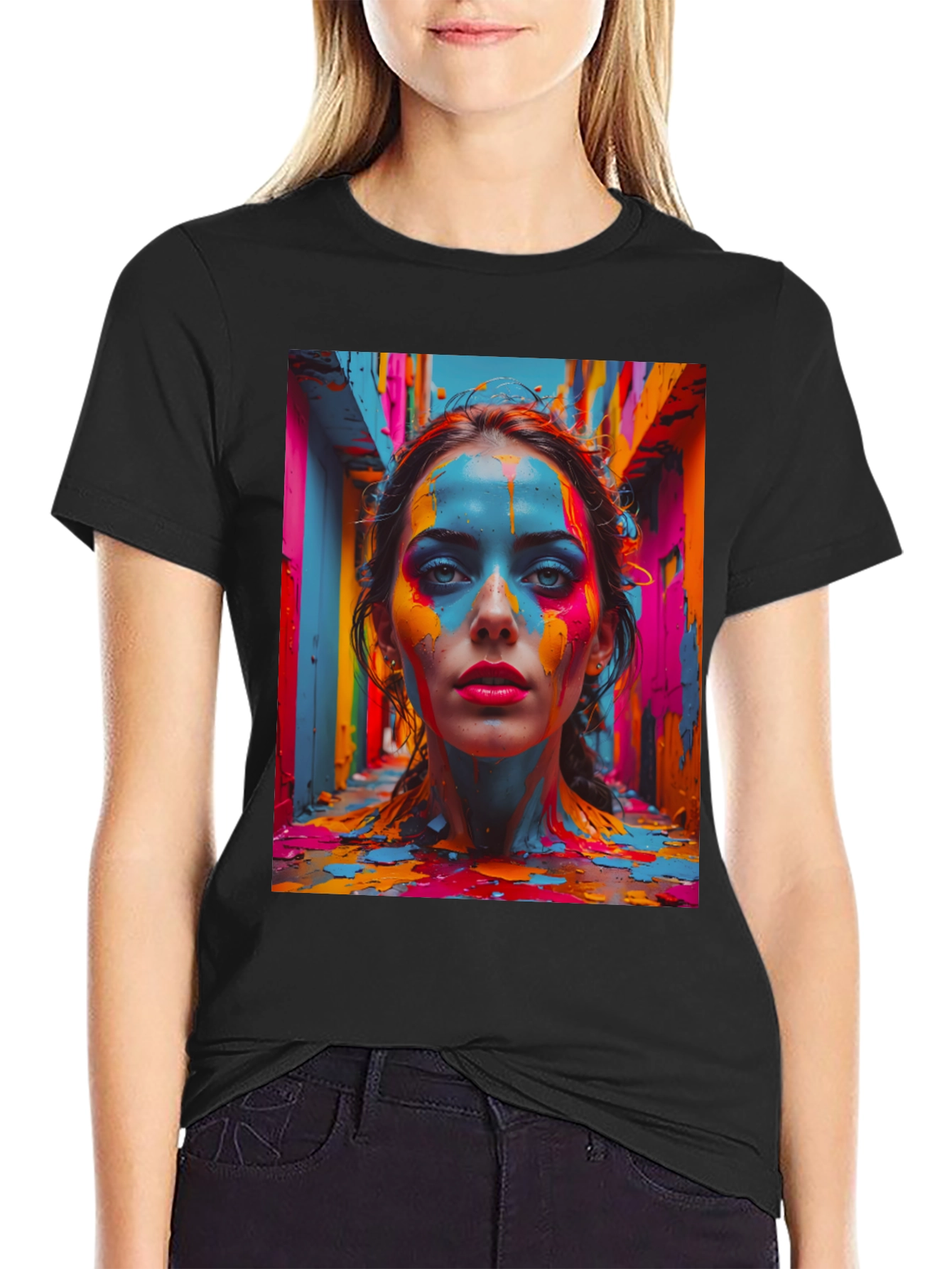 Black Colorful Paint Woman Graphic Tee view 2