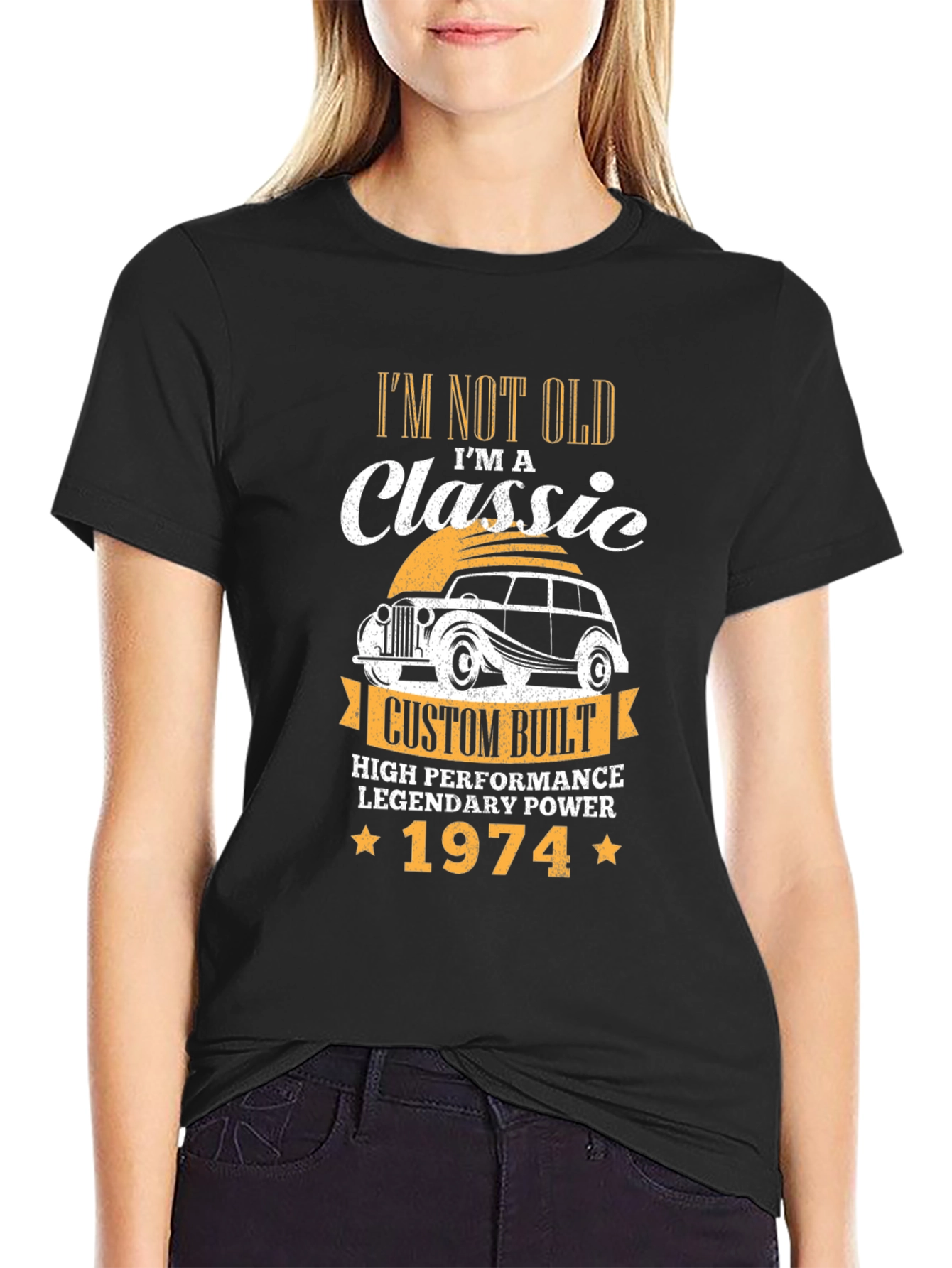 Black Classic 1974 Car T-Shirt - "I'm Not Old, I'm a Classic" view 2