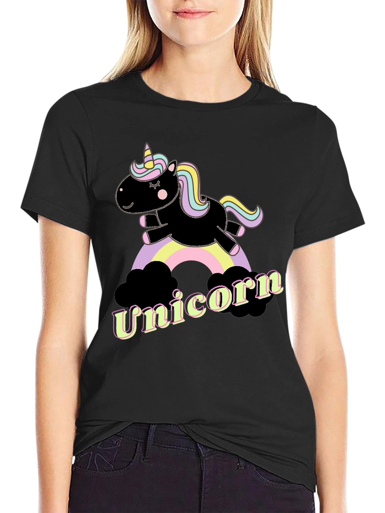 Black Unicorn Rainbow Graphic T-Shirt - Fun & Stylish view 2
