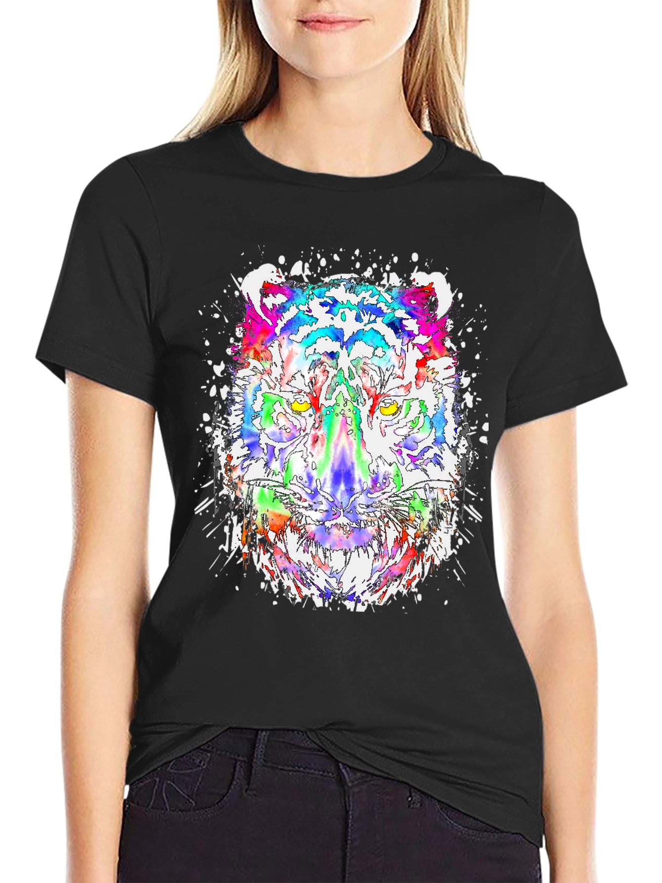 Black Vibrant Tiger Graphic Tee - Cool Colorful Design view 2