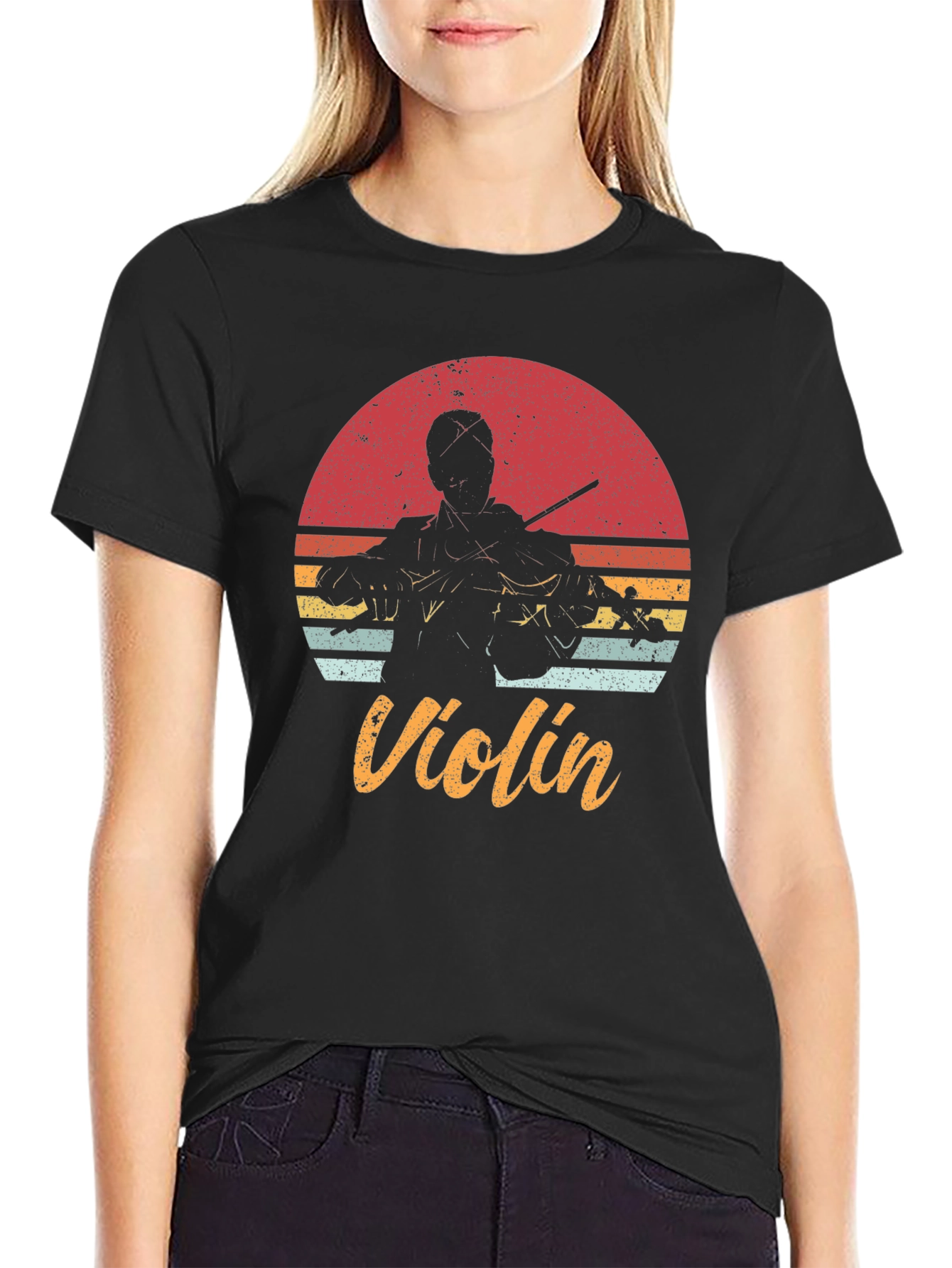 Black Retro Violin T-Shirt - Musician's Sunset Tee view 2