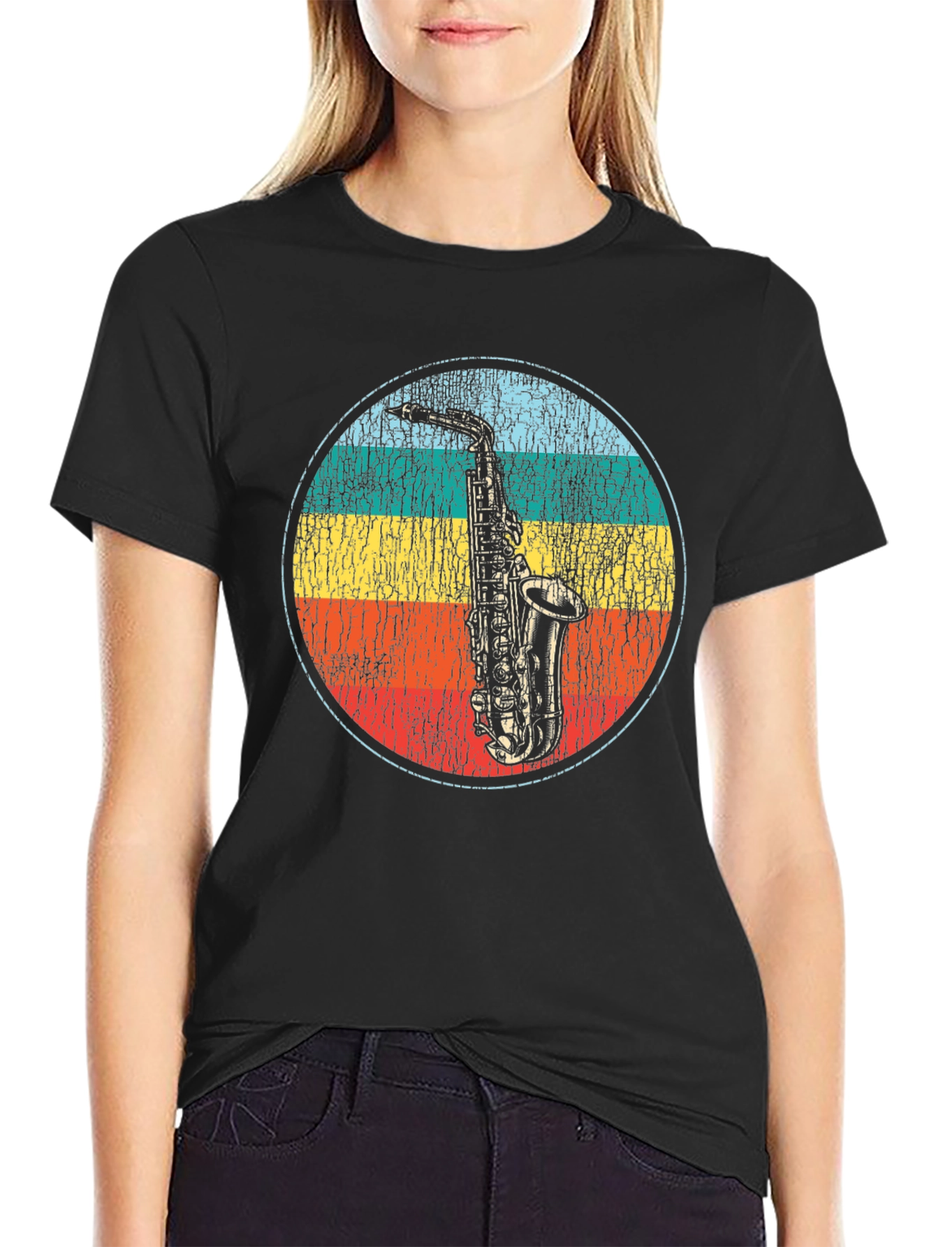 Black Retro Saxophone Graphic T-Shirt view 2