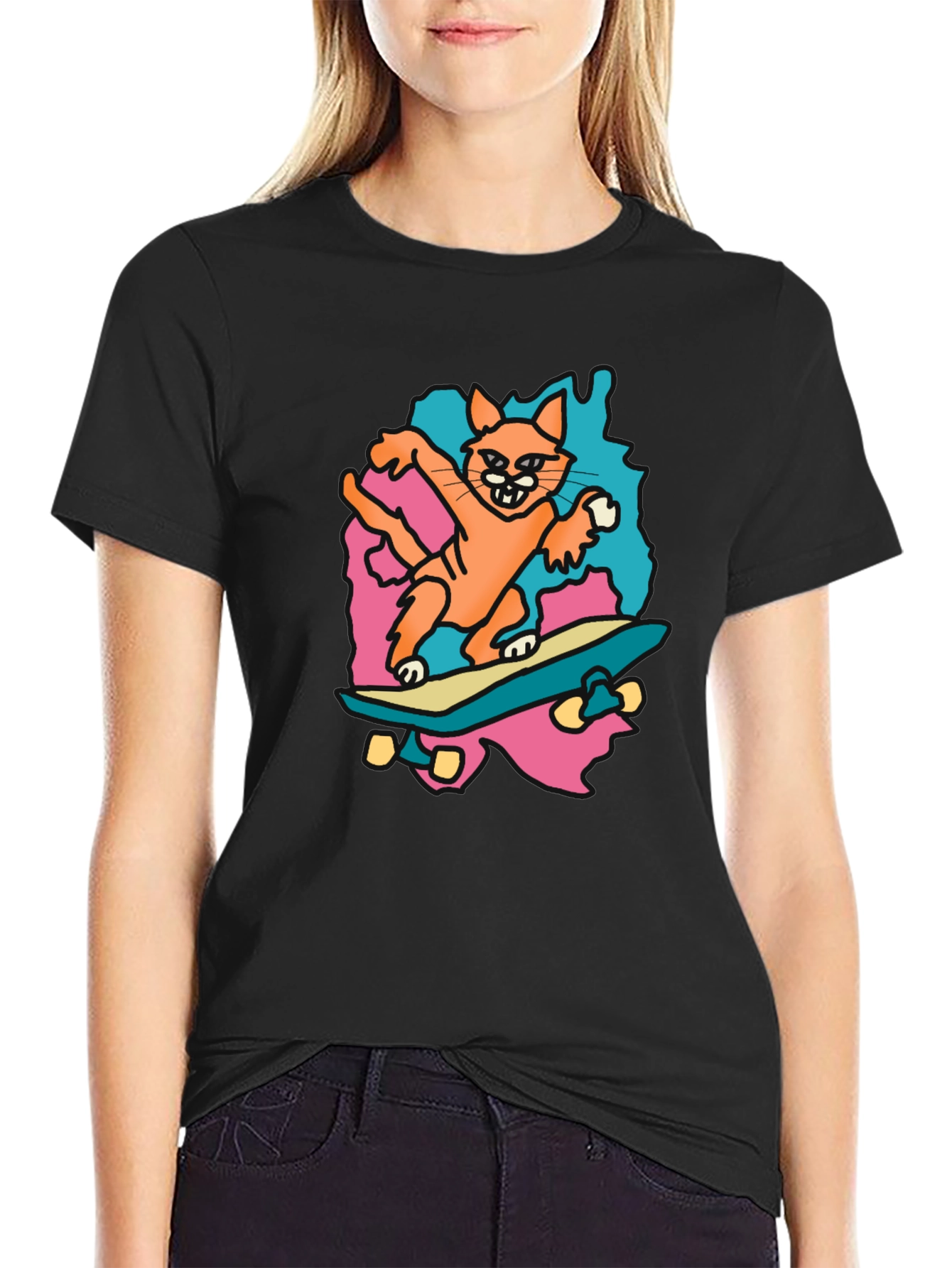 Black Skateboarding Cat Graphic Tee - Black Cotton T-Shirt view 2