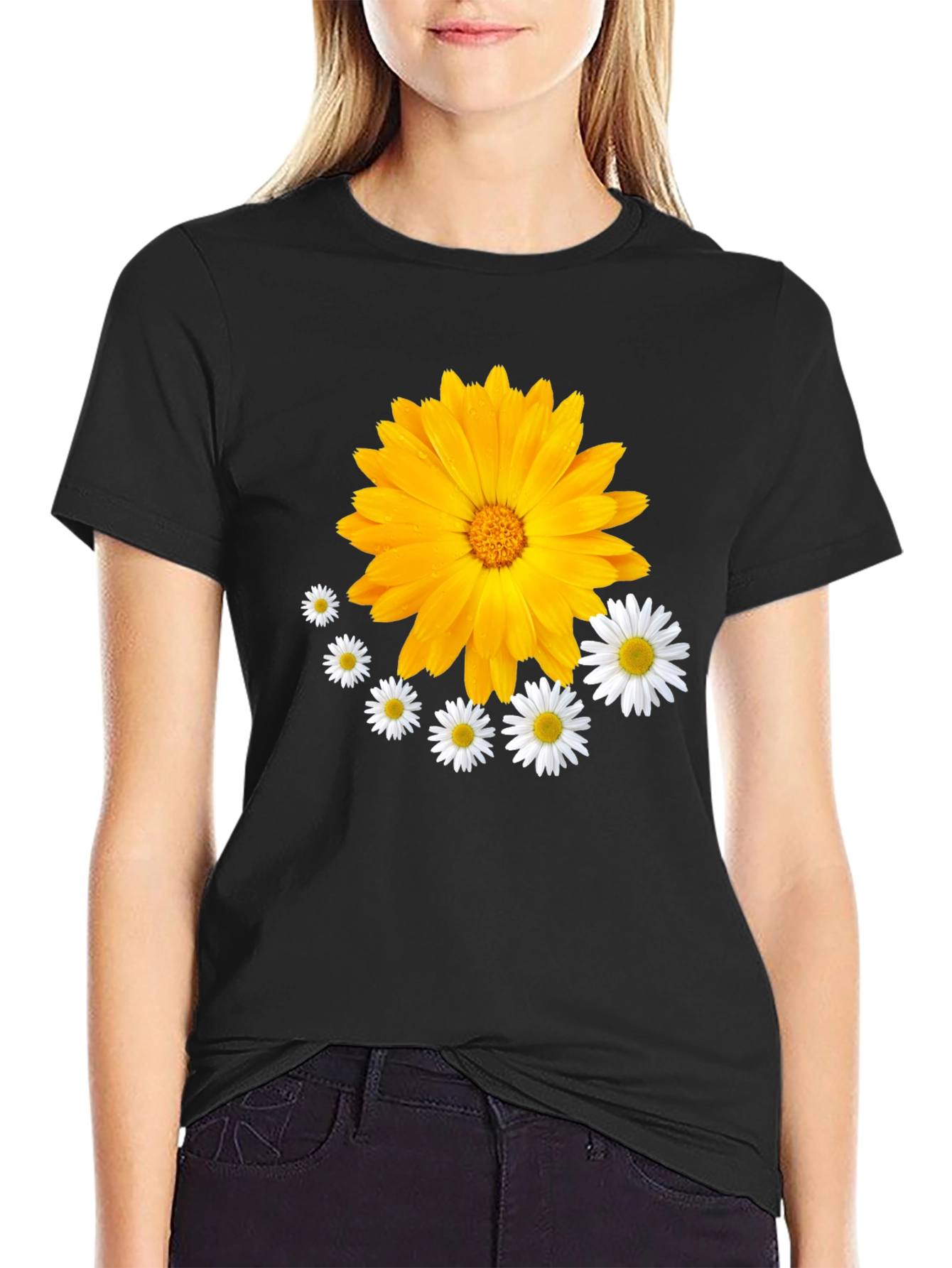 Black Floral T-Shirt: Calendula & Daisy Design view 2