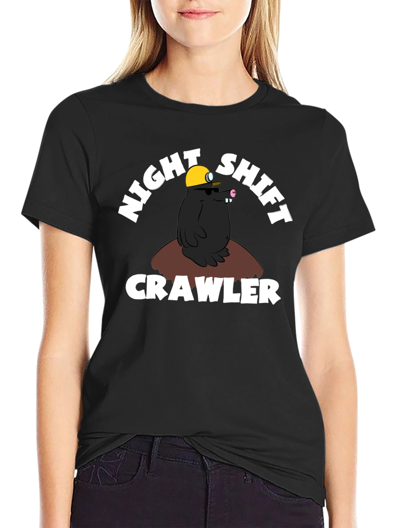 Black Night Shift Crawler Black T-Shirt Funny Mole Design view 2