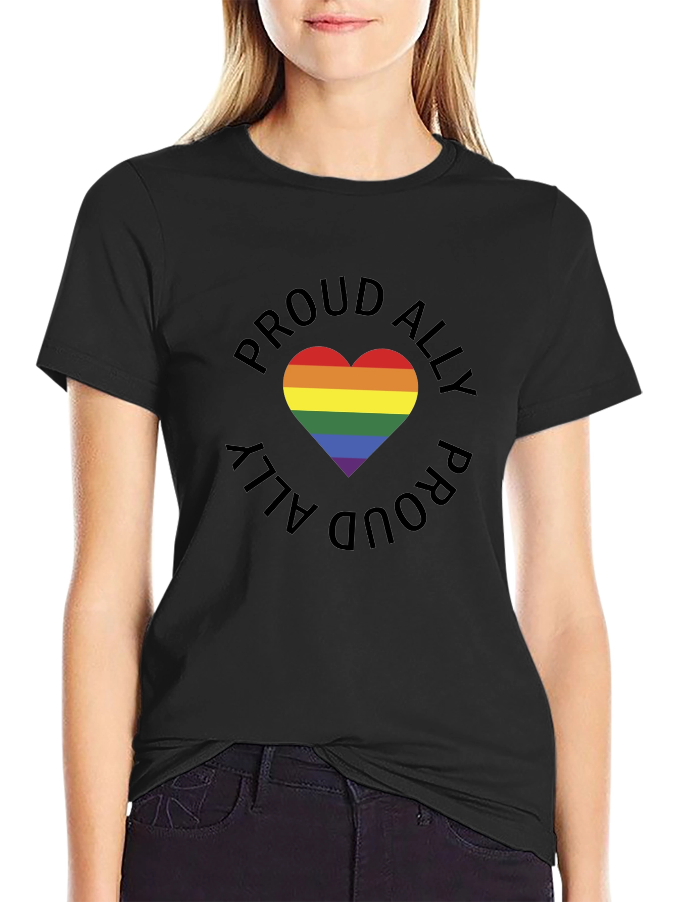 Black Proud Ally Rainbow Heart Graphic Tee - Black view 2