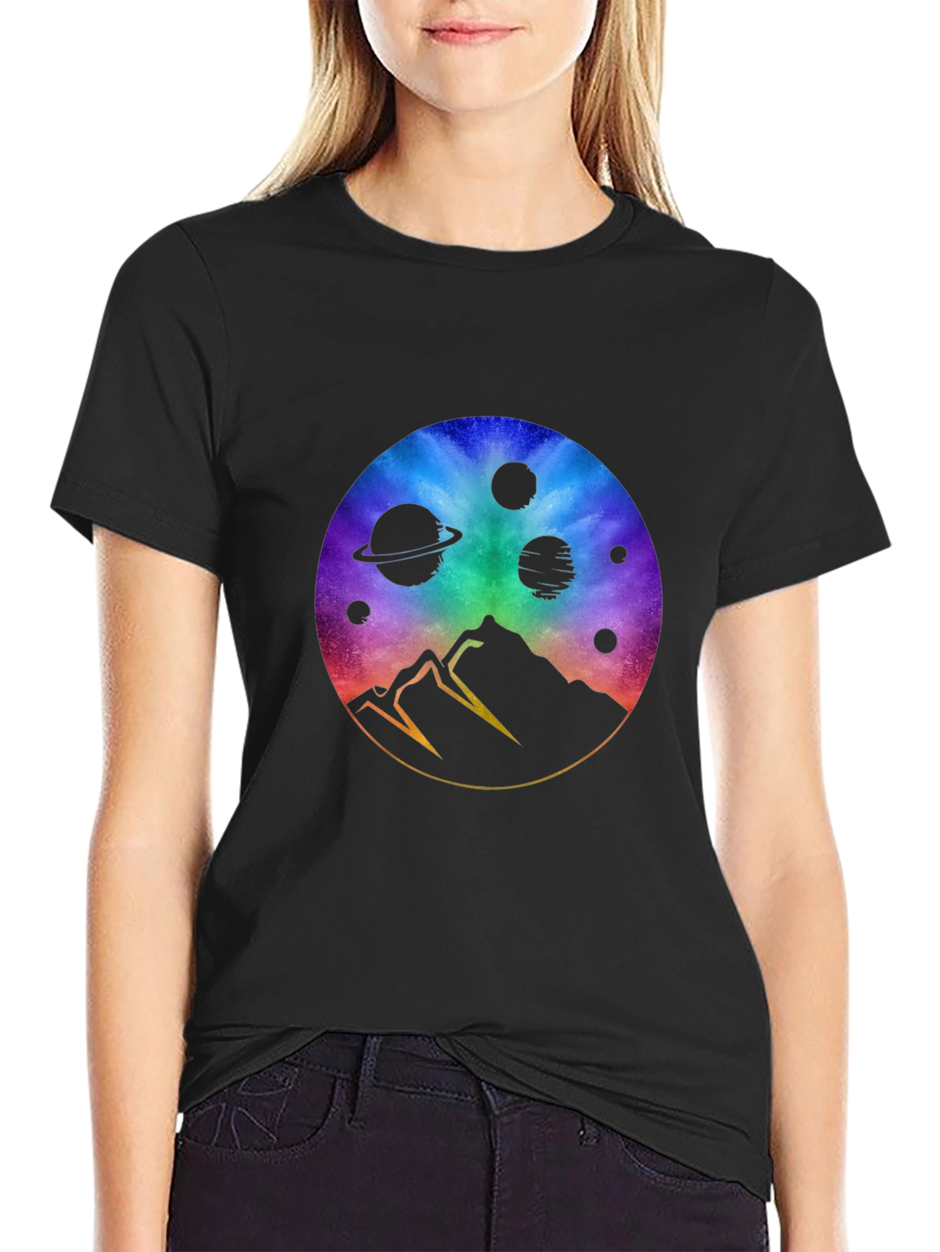 Black Cosmic Mountain Black T-Shirt - Galaxy Design view 2