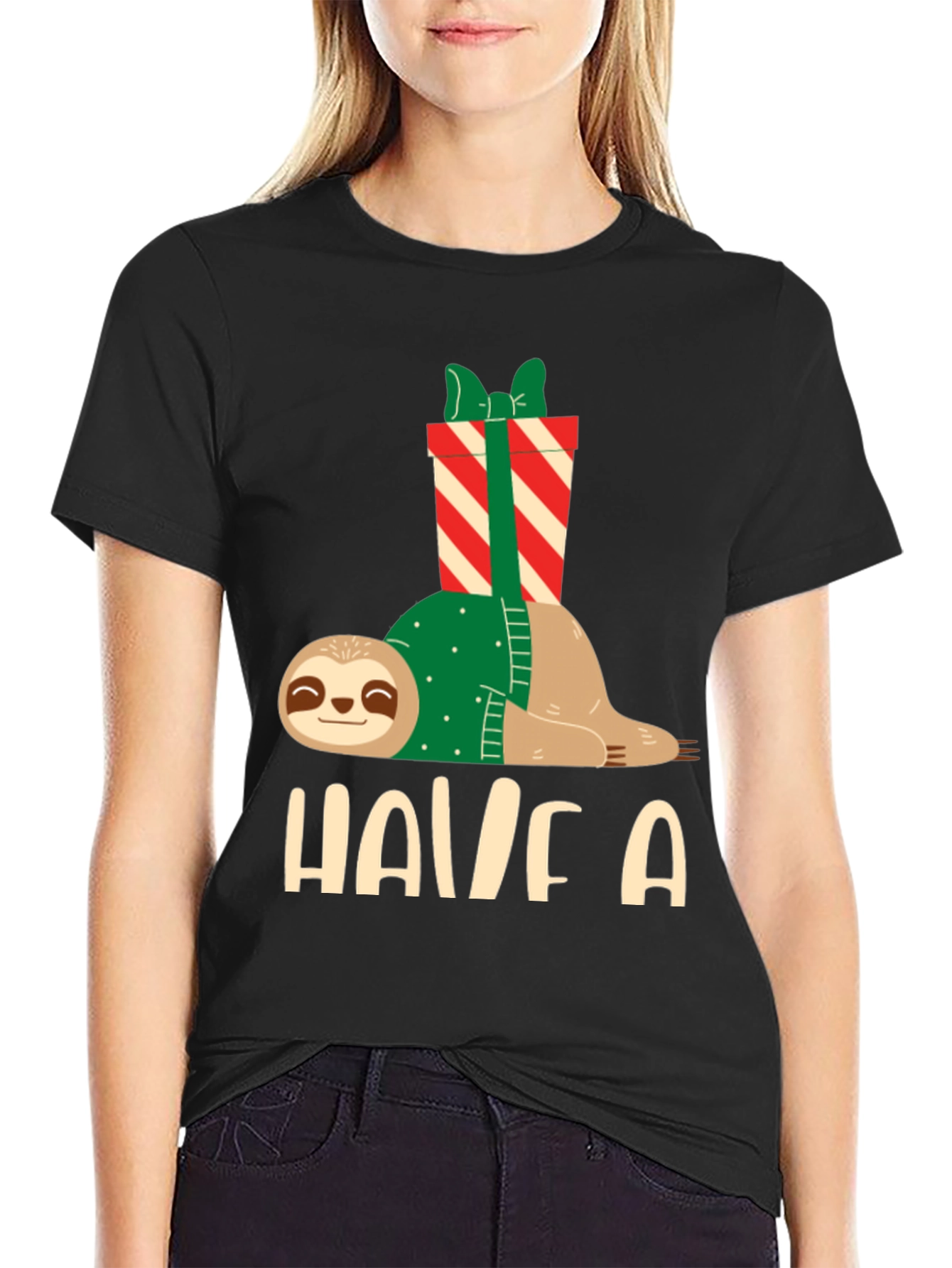 Black Holiday Sloth T-Shirt - Festive Relaxed Fit view 2