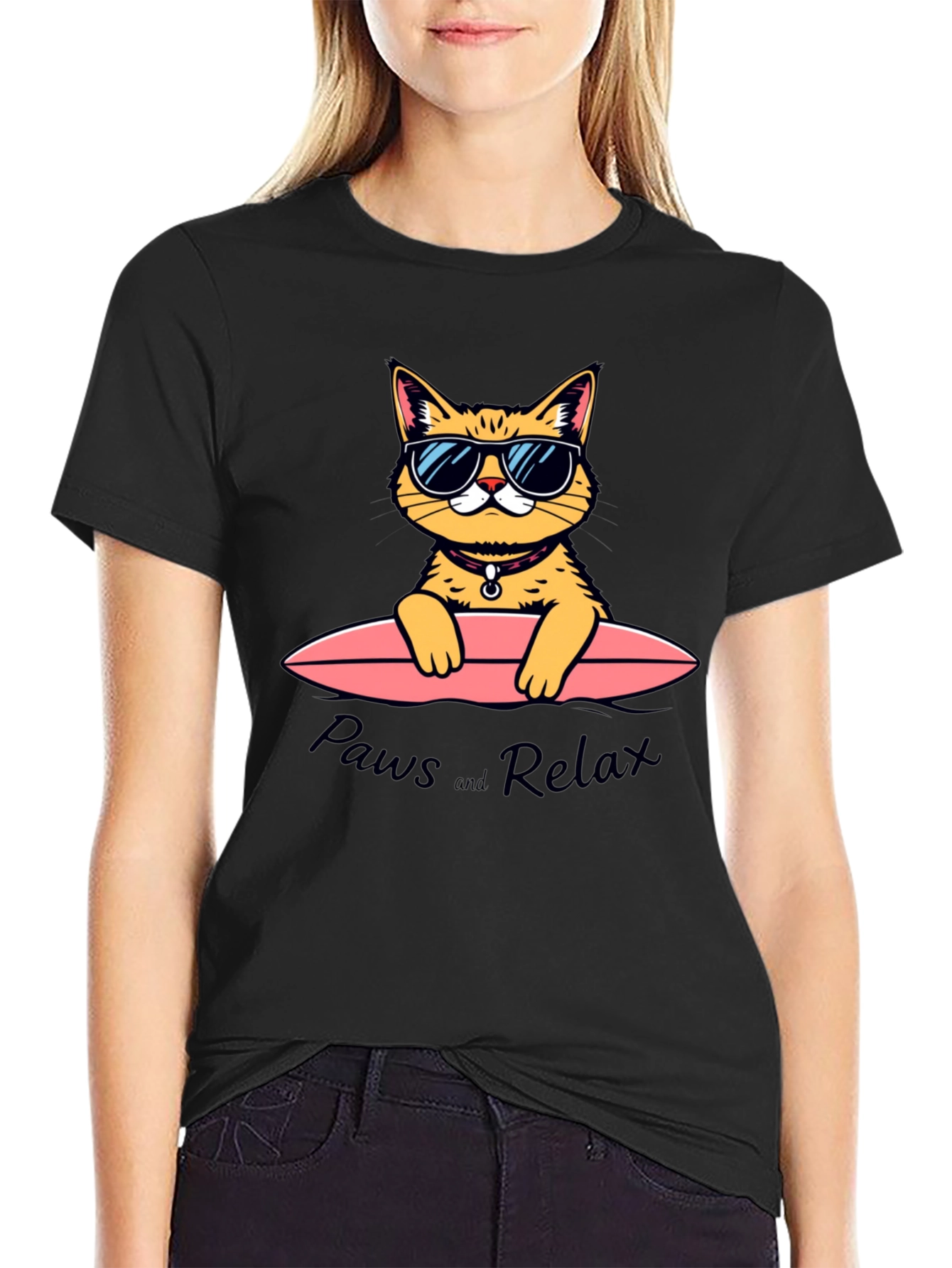 Black Paws and Relax Cat Surfing T-Shirt view 2
