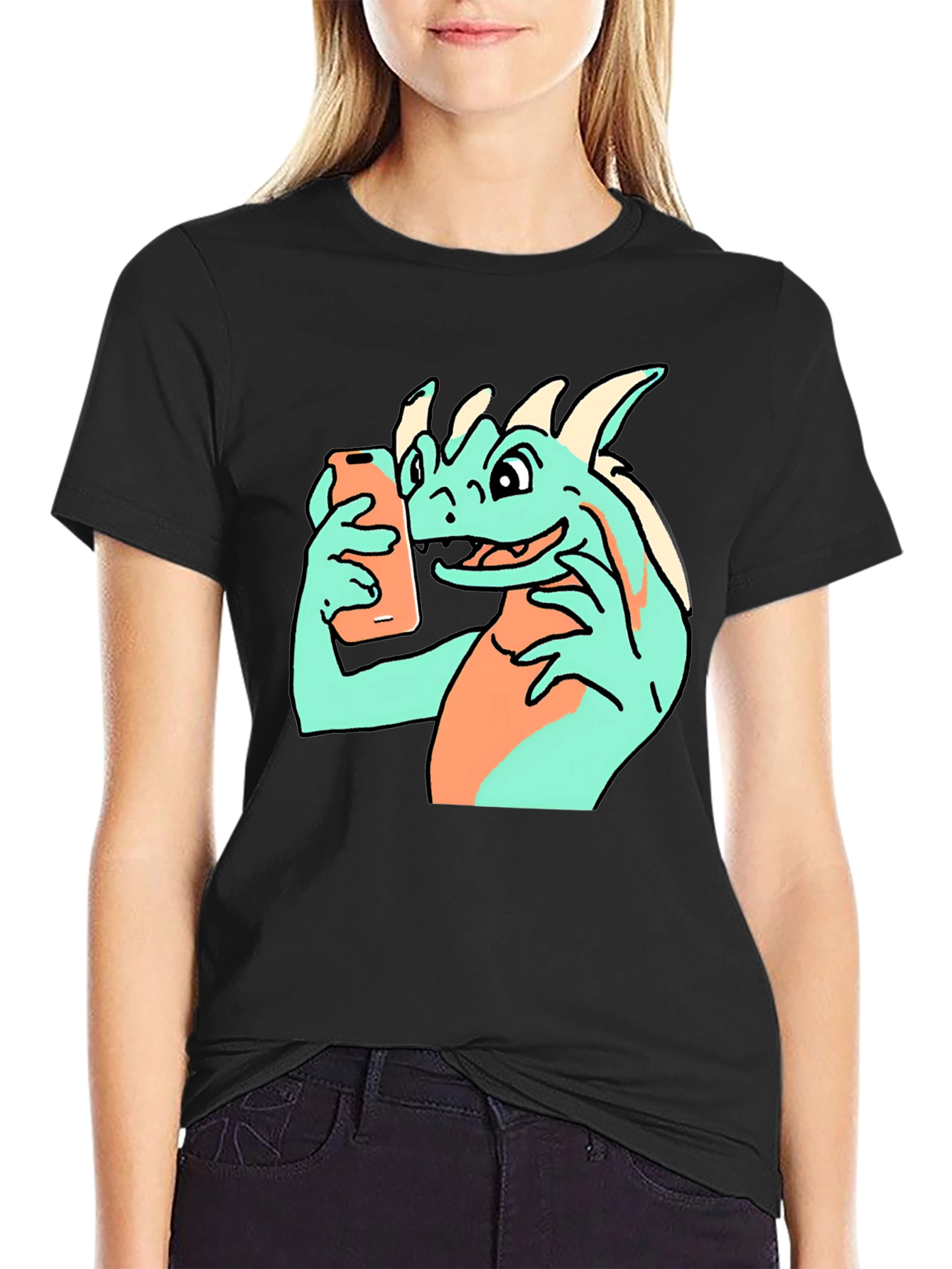 Black Funny Dragon Selfie Black T-Shirt view 2