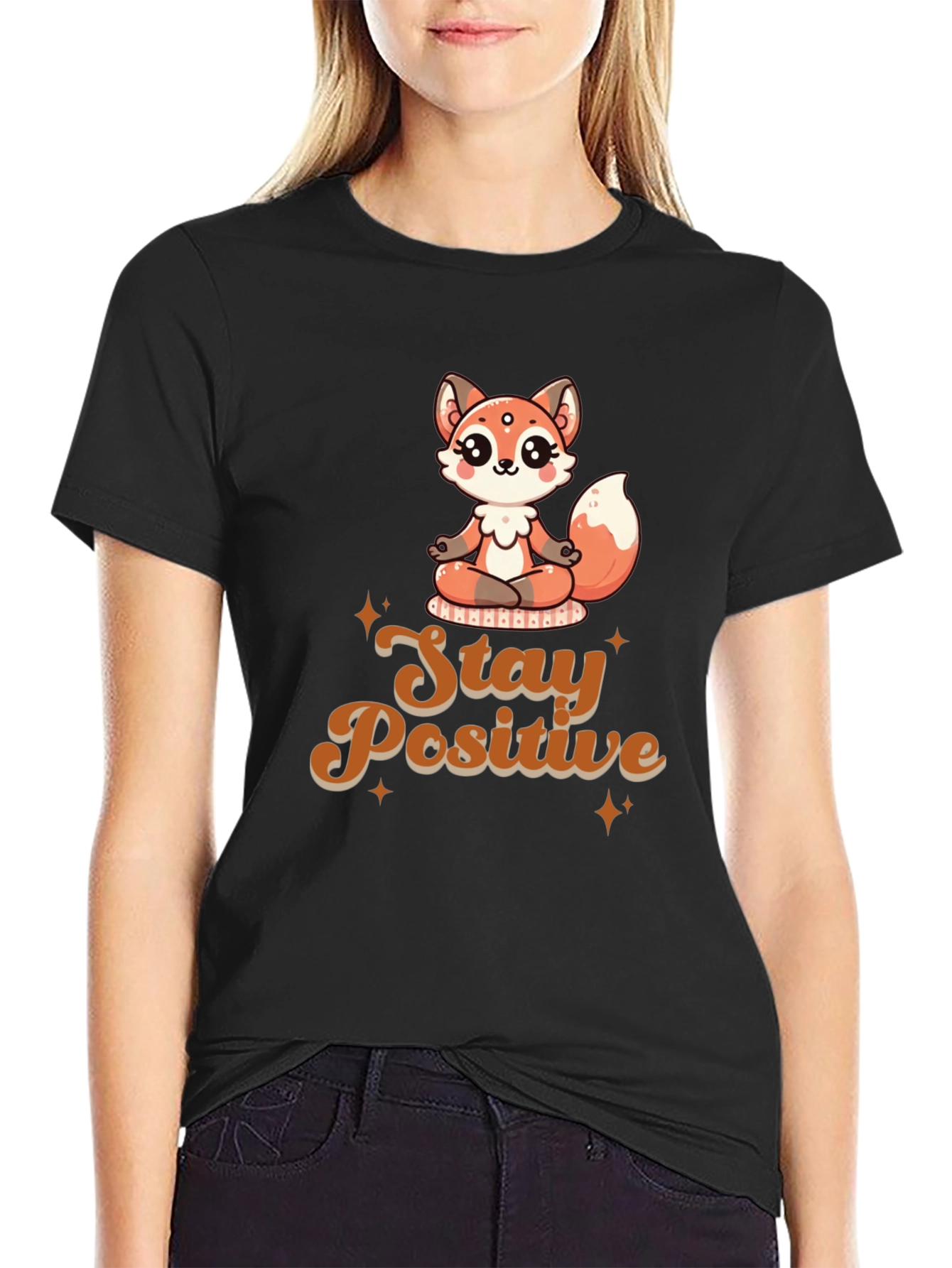 Black Stay Positive Meditation Fox T-Shirt view 2