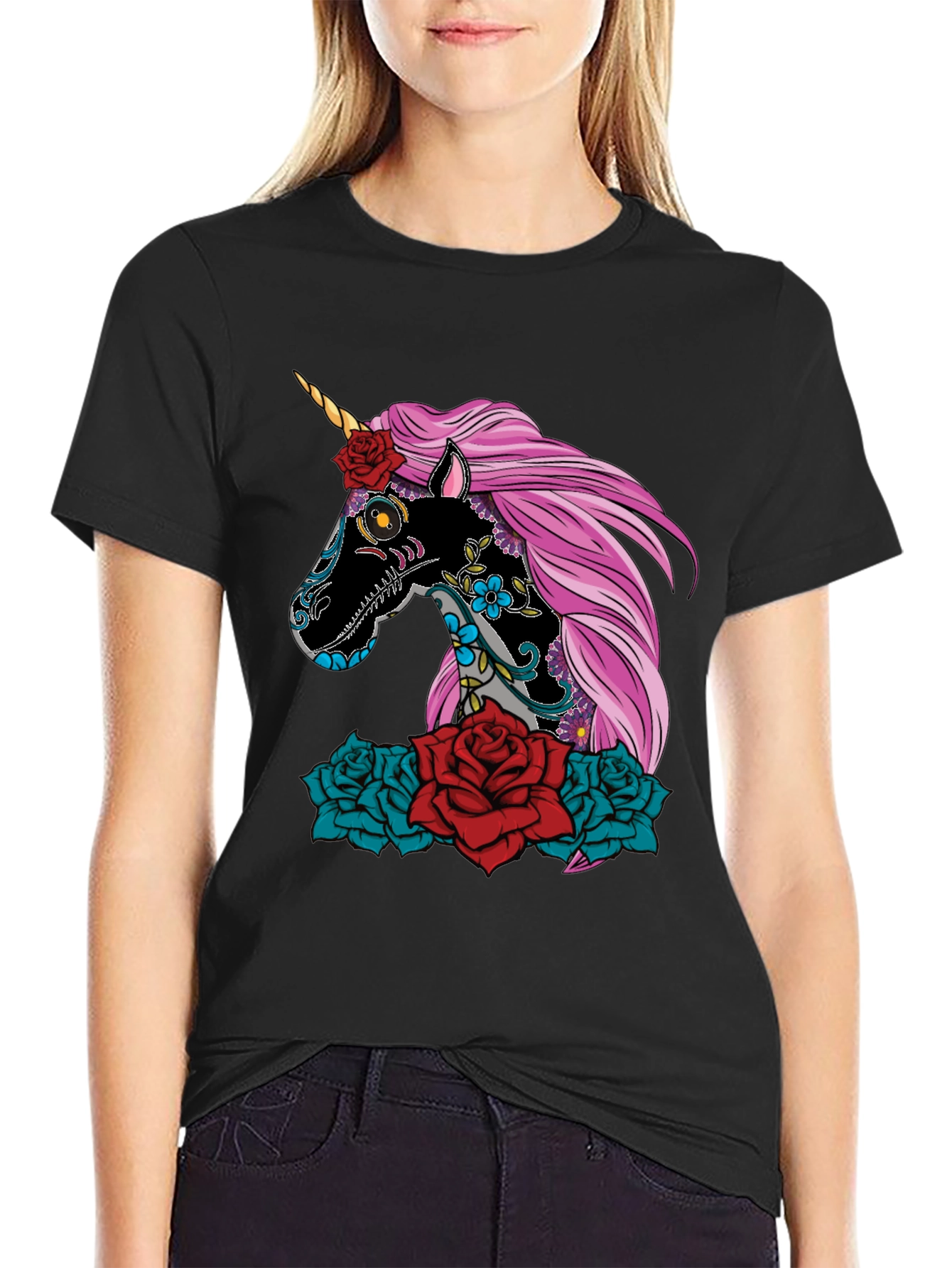 Black Sugar Skull Unicorn Rose T-Shirt view 2