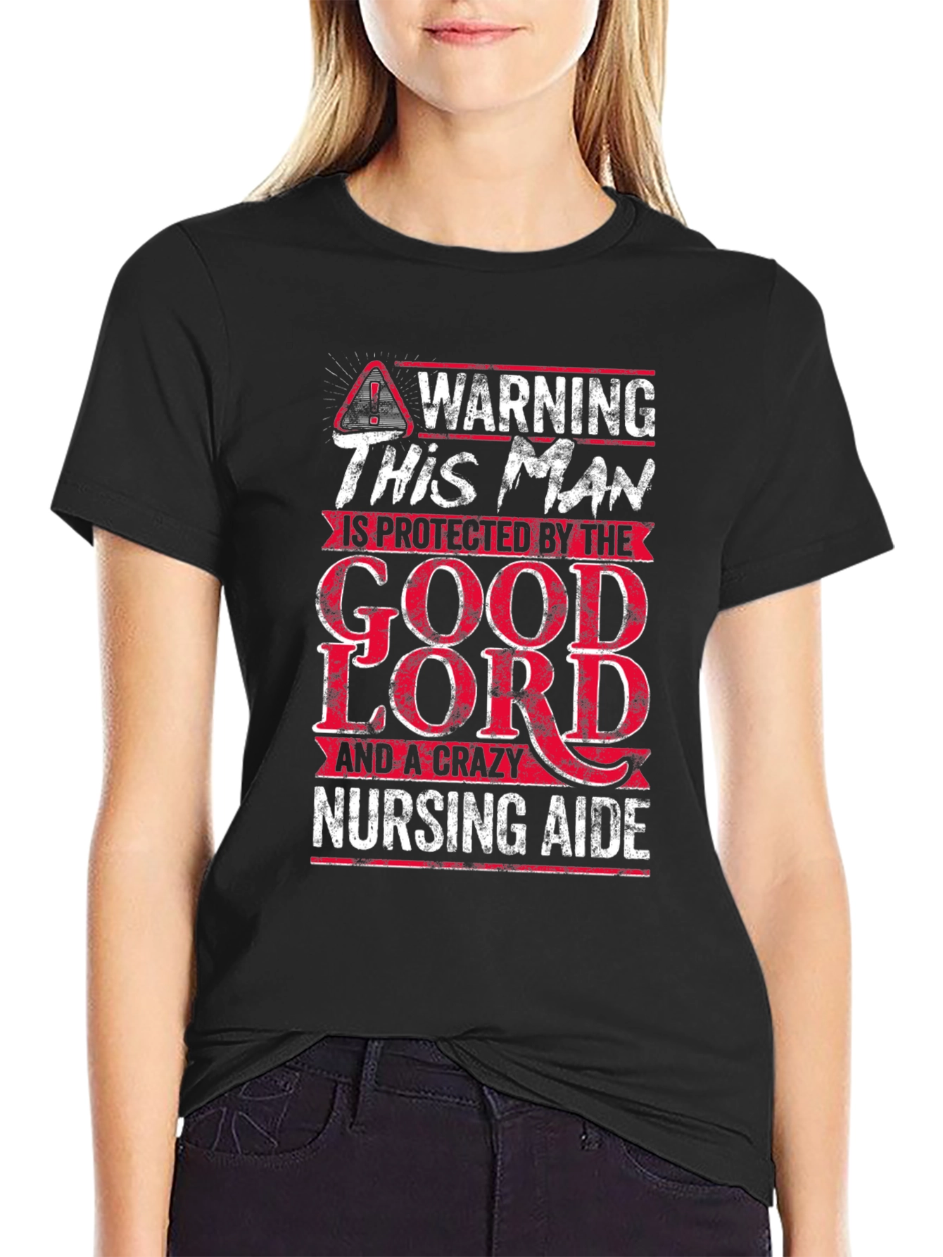 Black Warning Protected By Good Lord Nursing Aide T-Shirt view 2