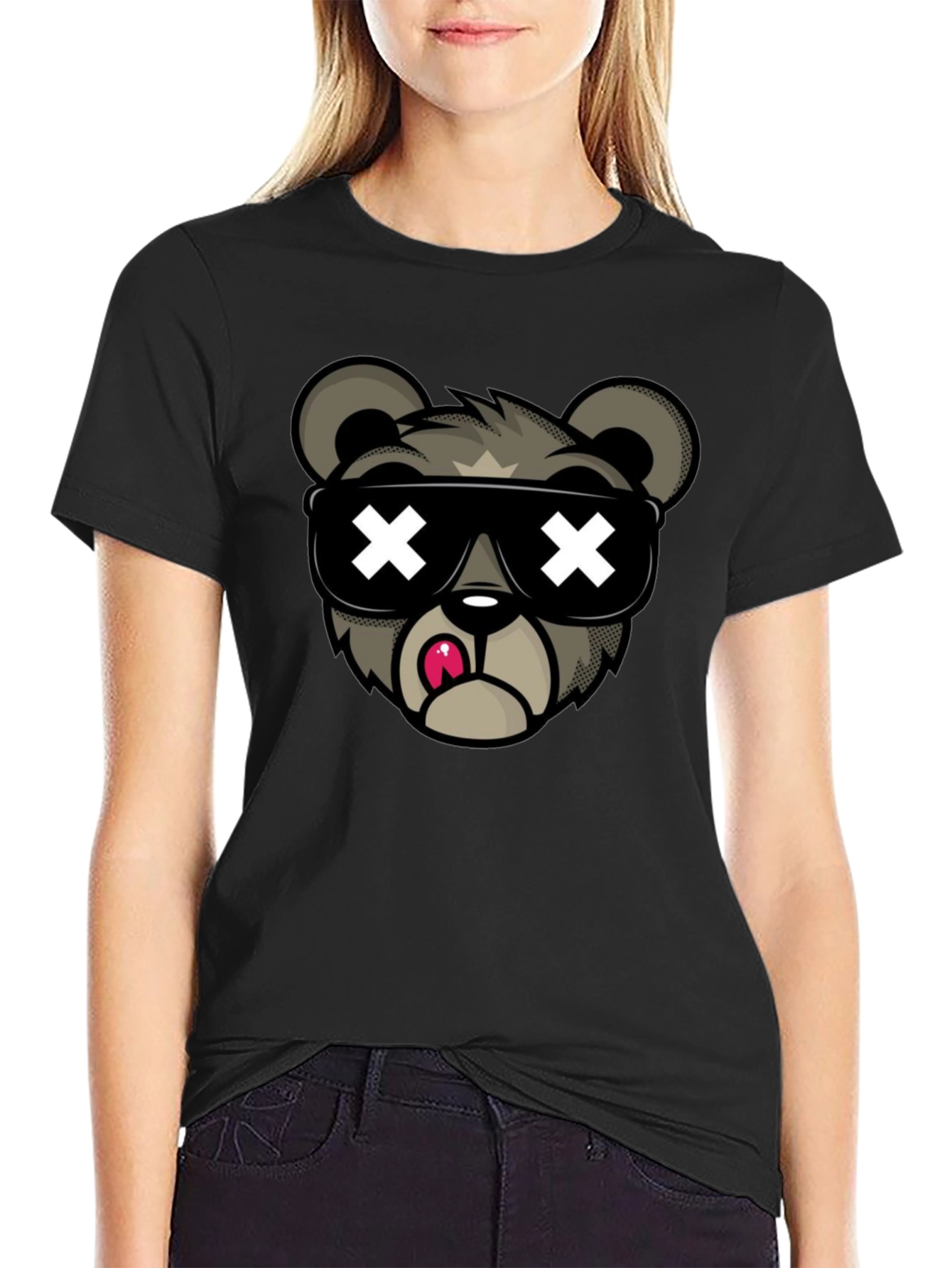 Black Cool Bear Graphic Tee - Black Cotton T-Shirt view 2