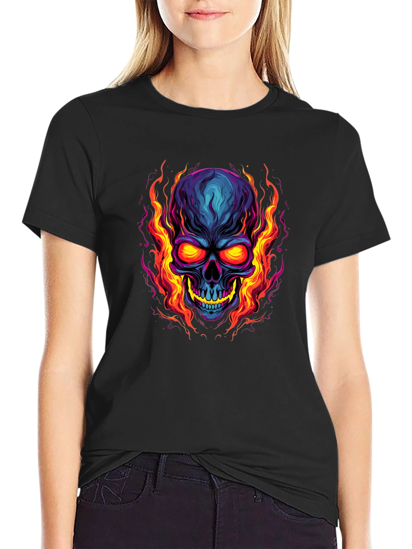 Black Flaming Skull Graphic Tee - Bold Black T-Shirt view 2