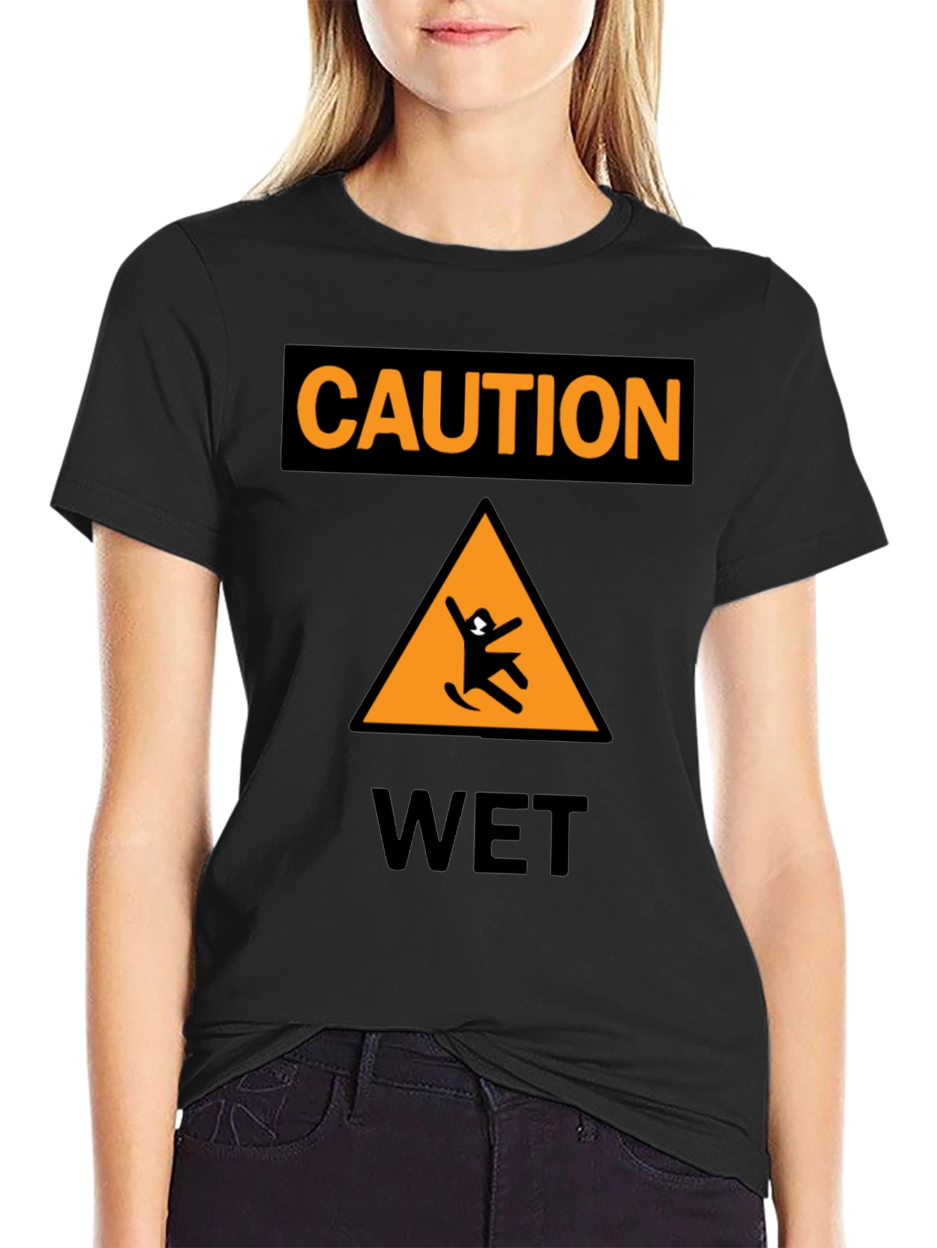 Black Caution Wet Floor Black Graphic T-Shirt view 2