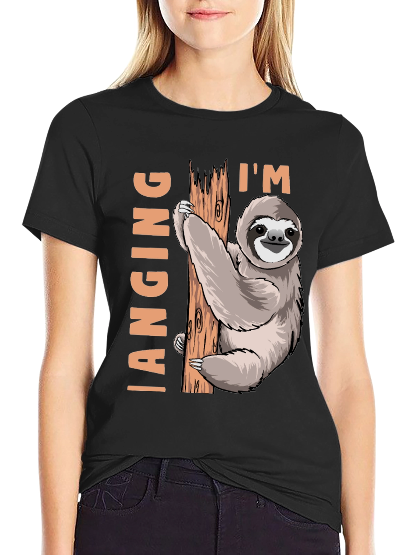 Black I'm Hanging Sloth T-Shirt: Funny Sloth Design view 2