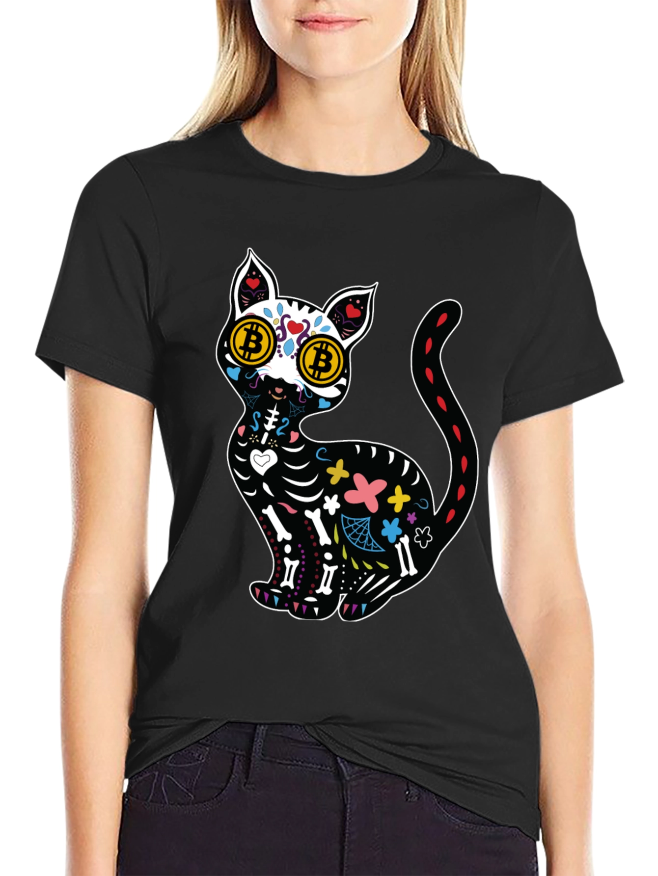 Black Bitcoin Cat Sugar Skull T-Shirt view 2