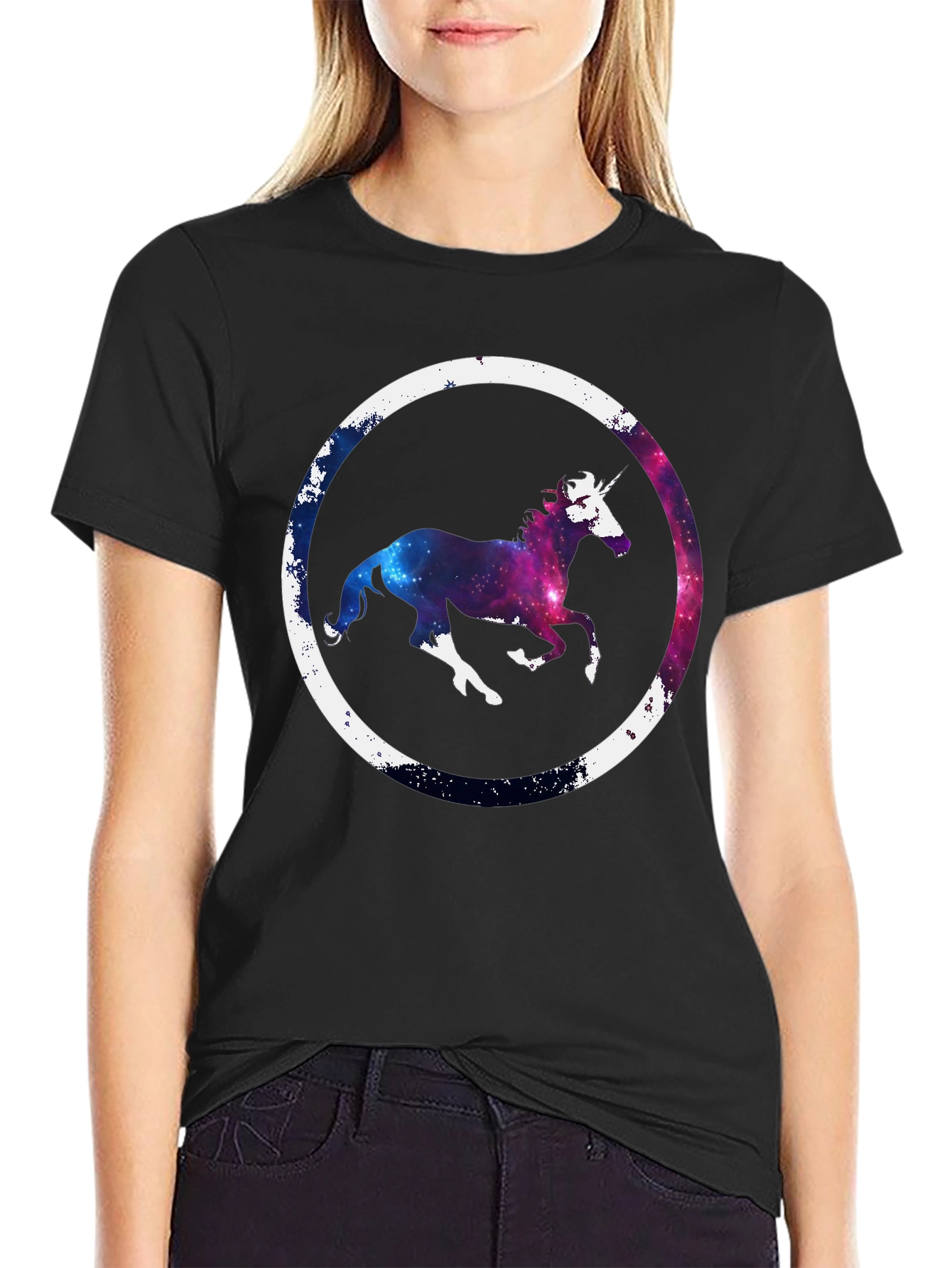 Black Galaxy Unicorn Graphic Tee - Black Cotton Blend view 2