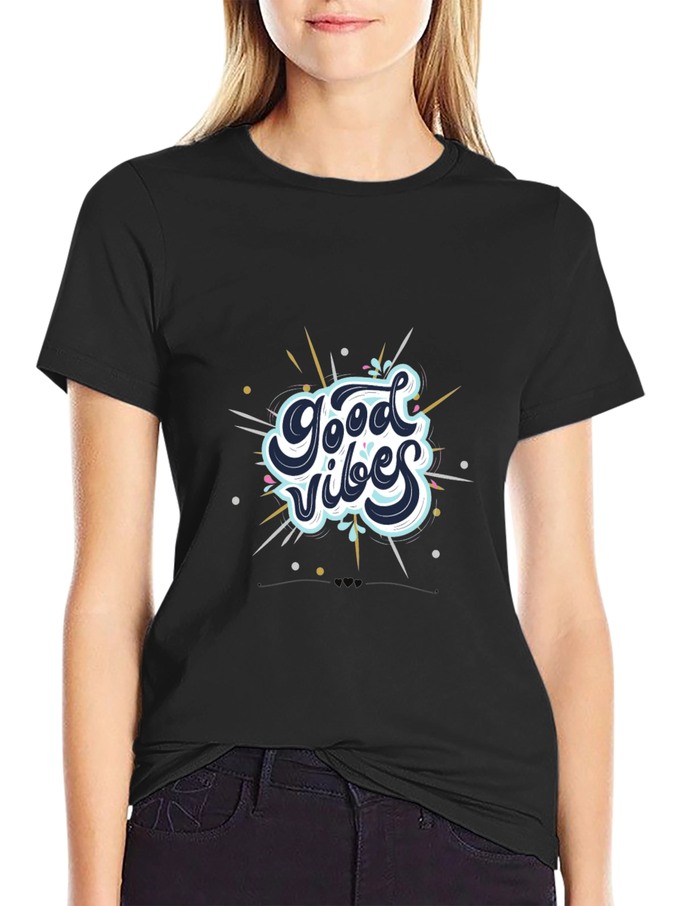 Black Good Vibes Black Tee - Trendy Graphic T-Shirt view 2