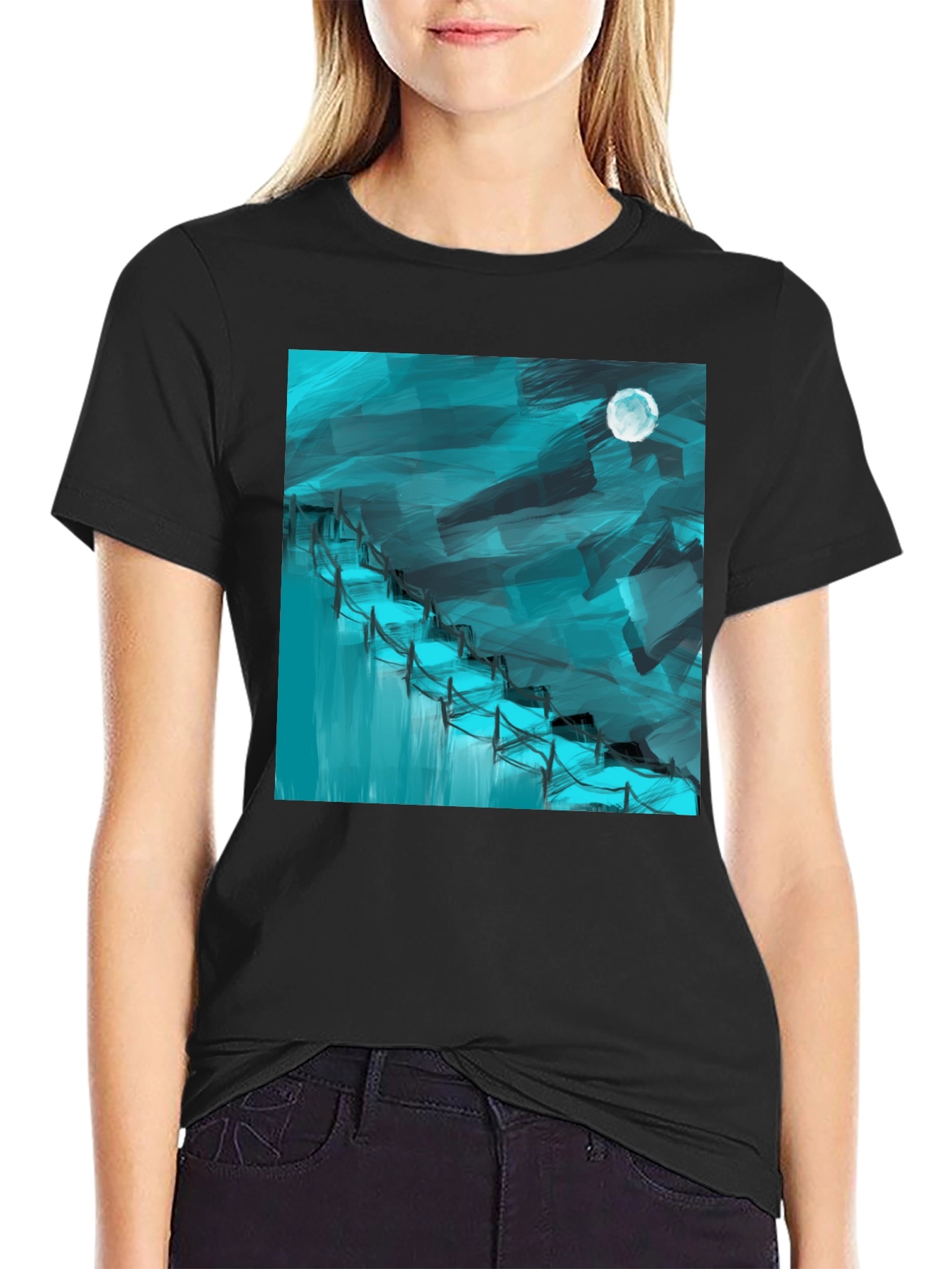 Black Abstract Moonlit Waterfall Graphic Tee - Black Cotton Blend view 2