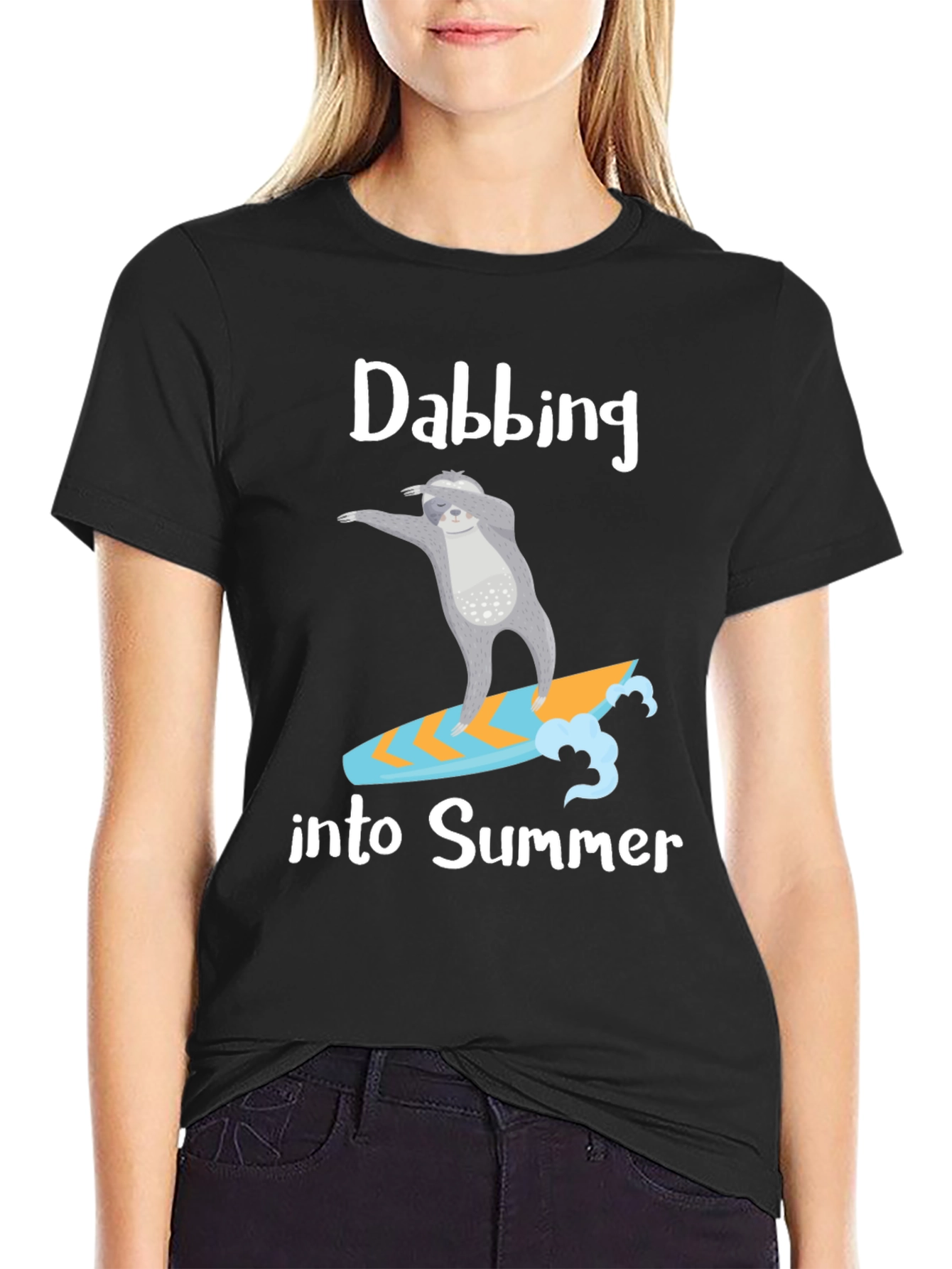 Black Dabbing Sloth Surfing Summer T-Shirt view 2