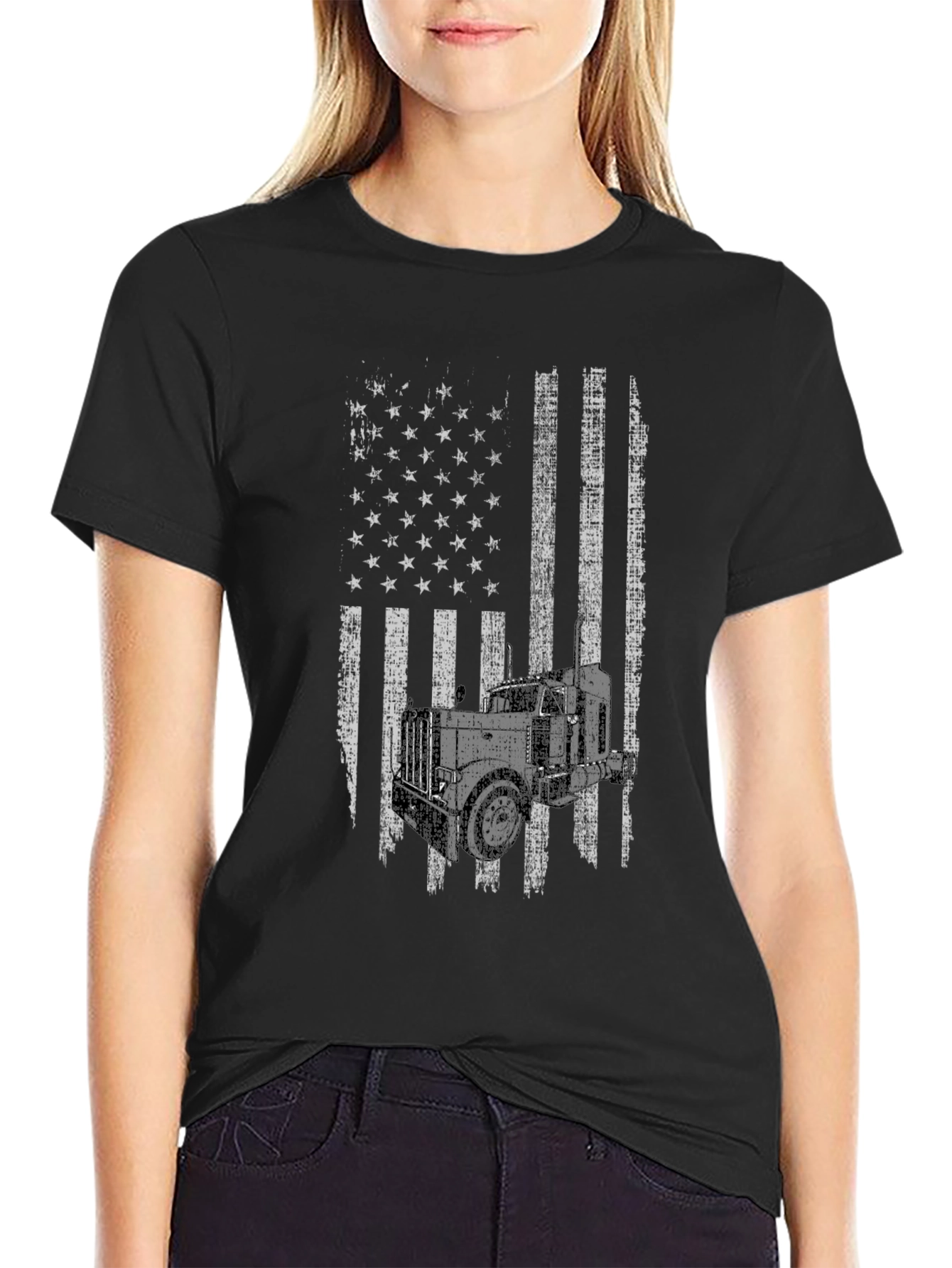 Black American Flag Trucker T-Shirt view 2