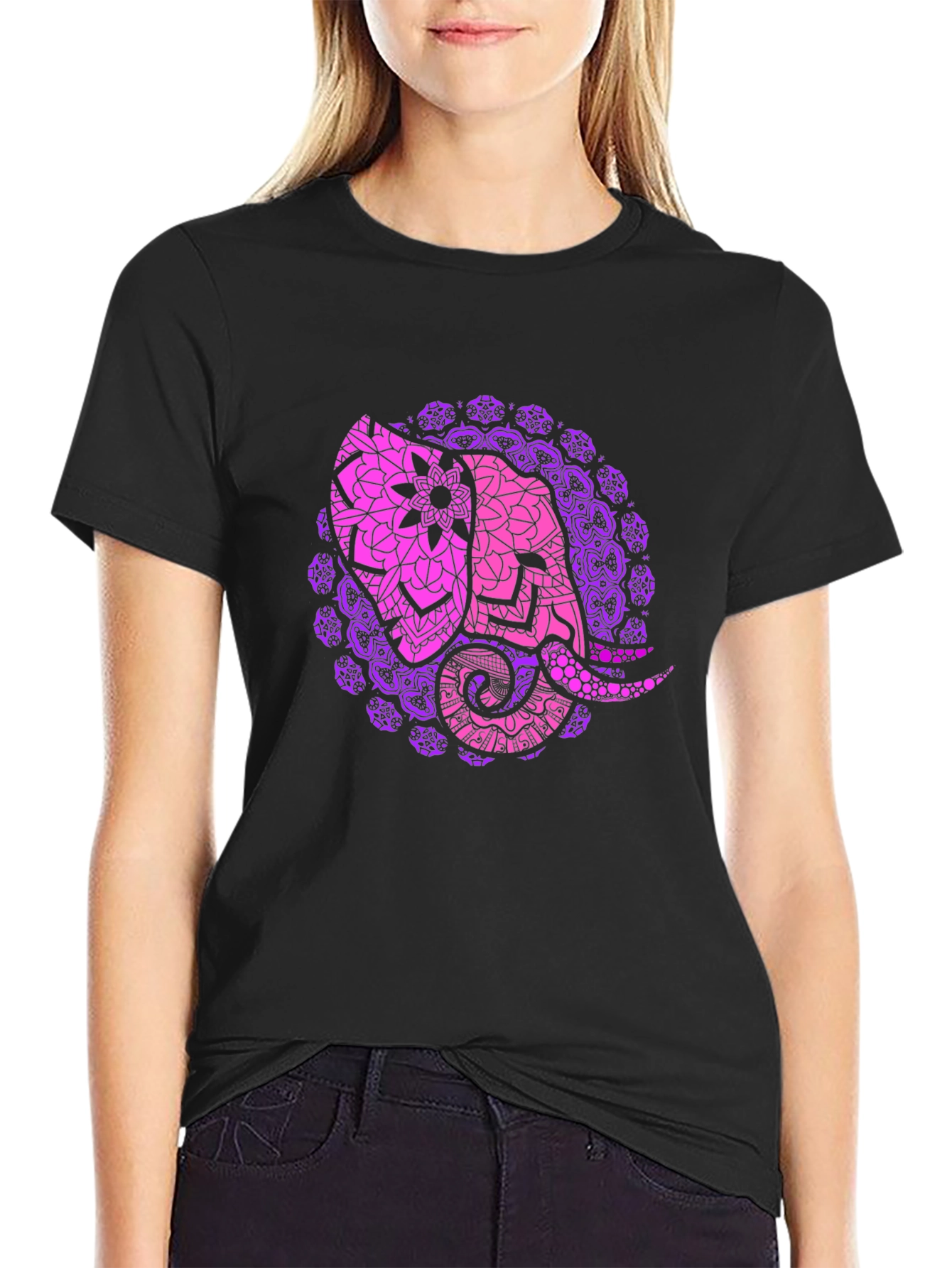Black Elephant Mandala Black T-Shirt view 2