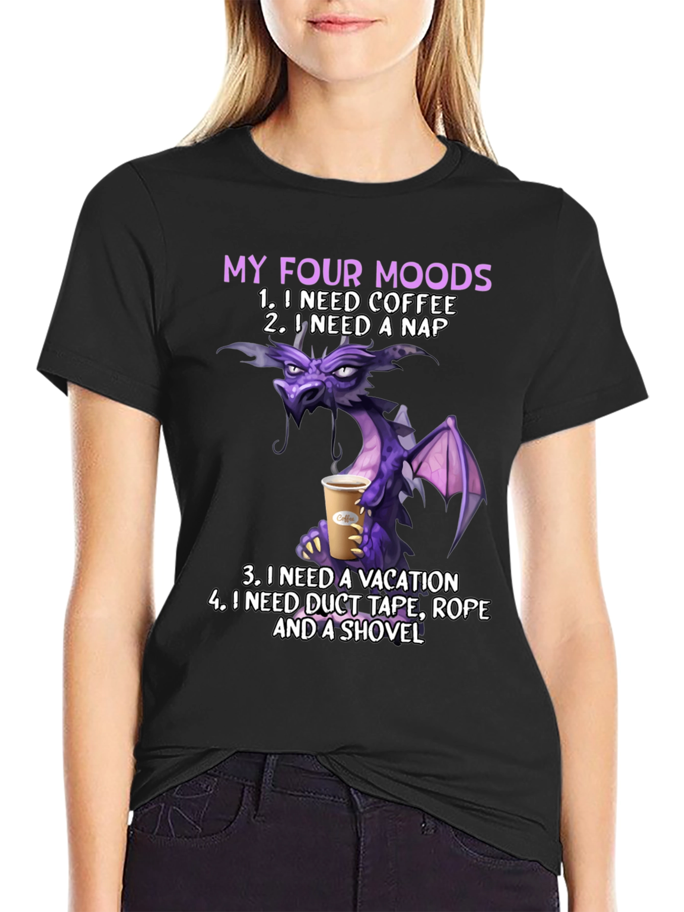 Black My Four Moods Dragon T-Shirt: Coffee, Nap, Vacation, Duct Tape view 2