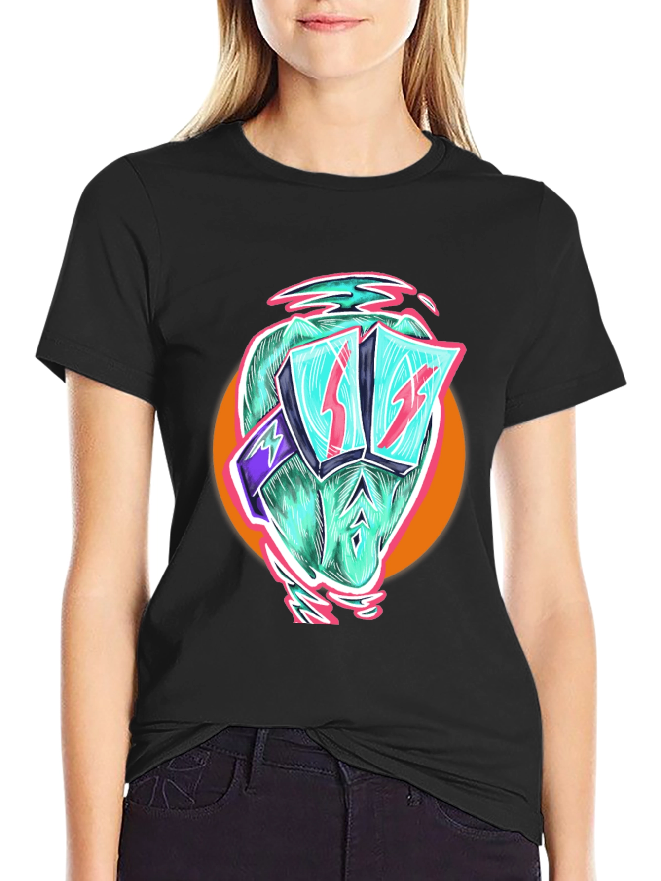 Black Cool Dino Black T-Shirt - Retro Cartoon Graphic view 2