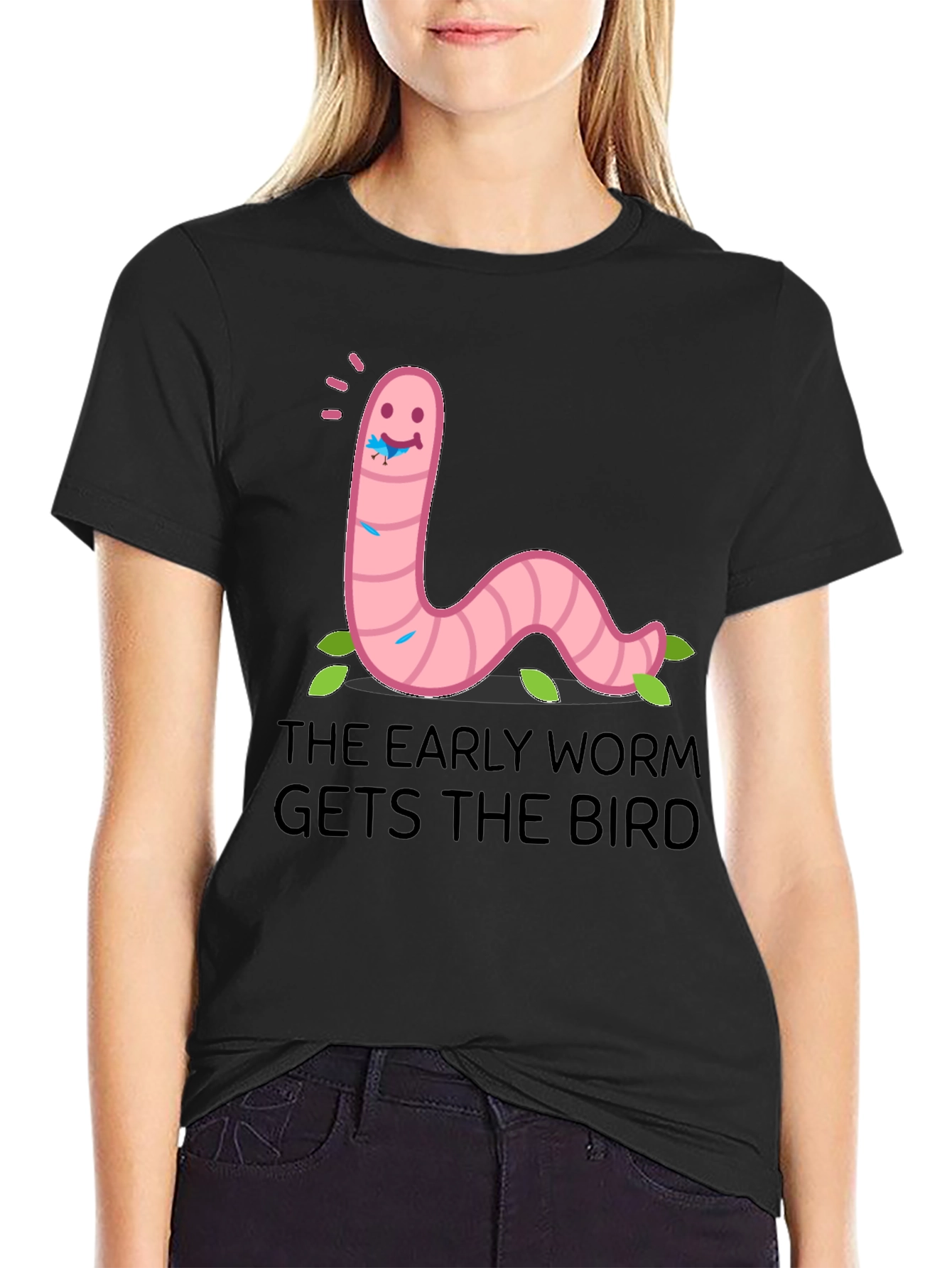 Black Early Worm T-Shirt: Get the Bird Funny Tee view 2