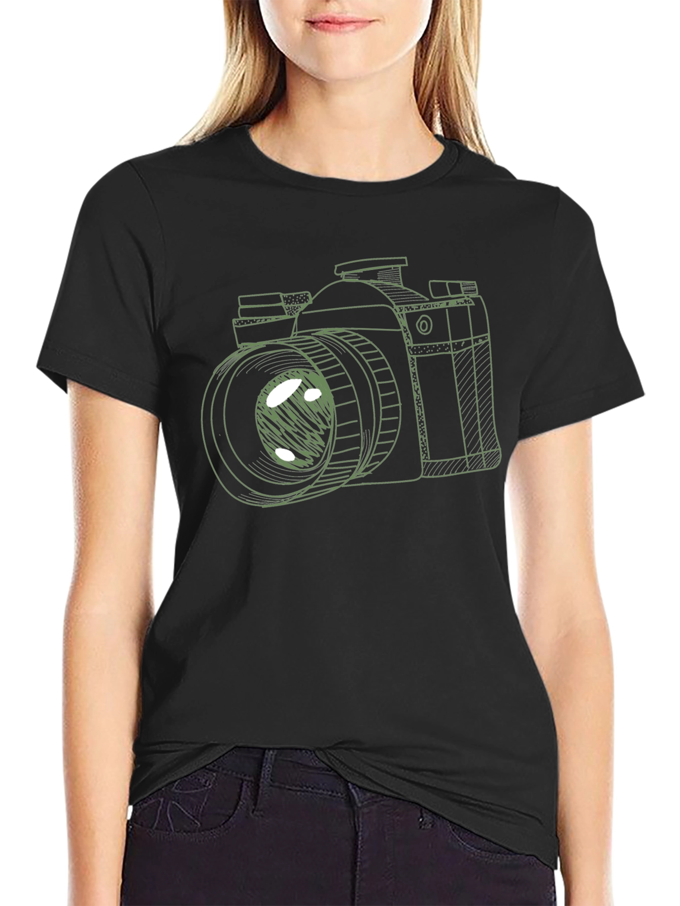 Black Retro Camera Graphic Tee - Black Cotton T-Shirt view 2