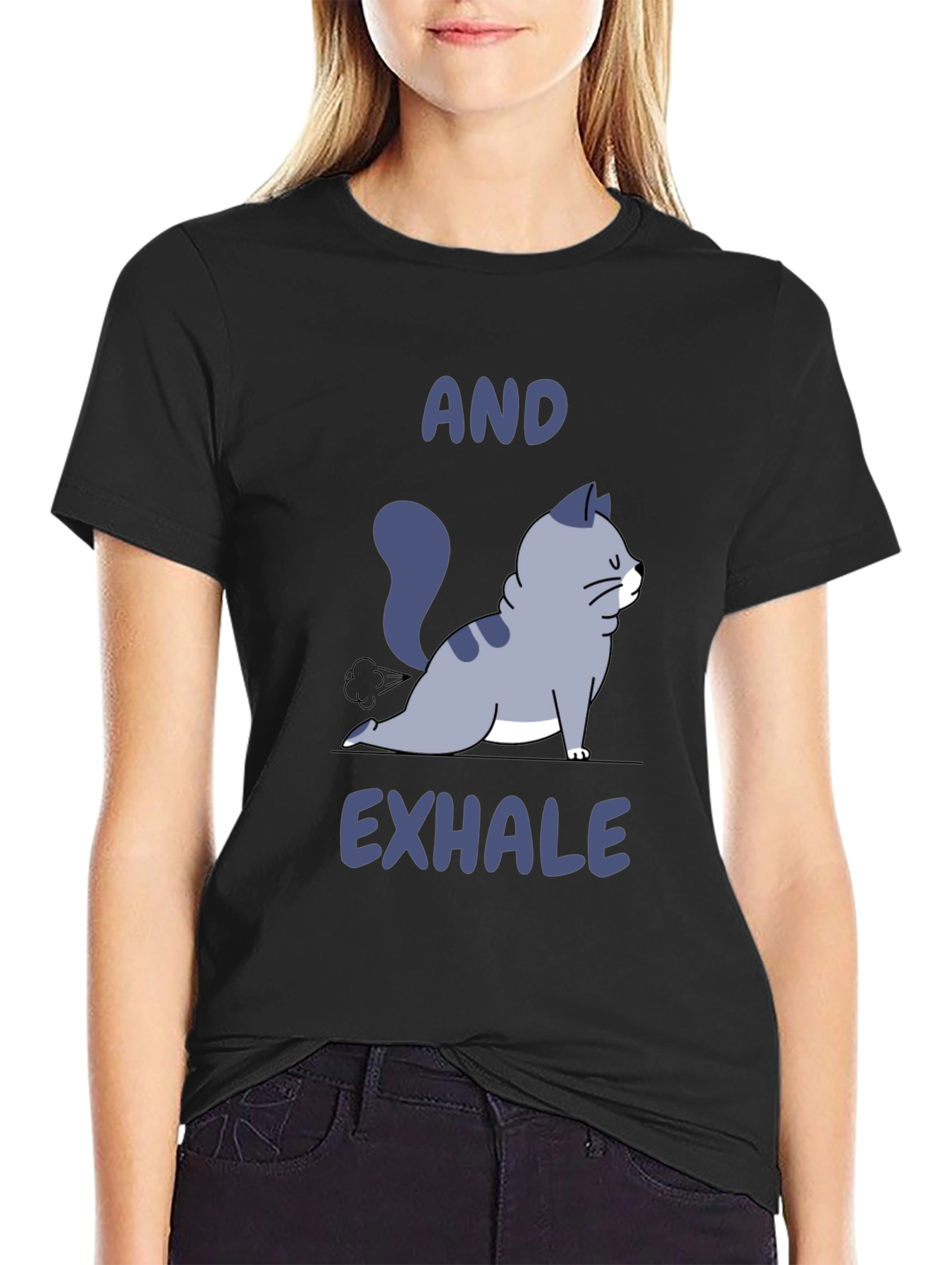 Black Yoga Cat Fart And Exhale T-Shirt view 2