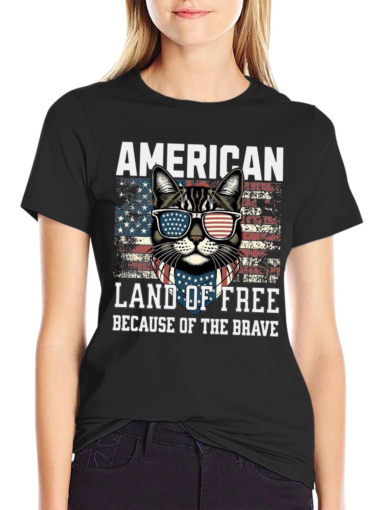 Black American Cat T-Shirt Land of Free view 2
