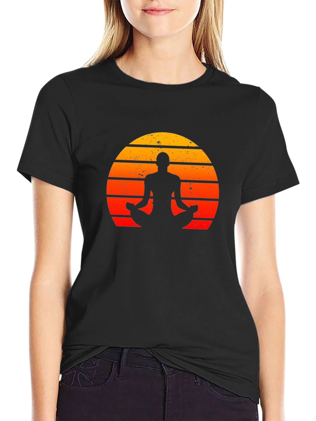 Black Yoga Silhouette Sunset Graphic T-Shirt view 2